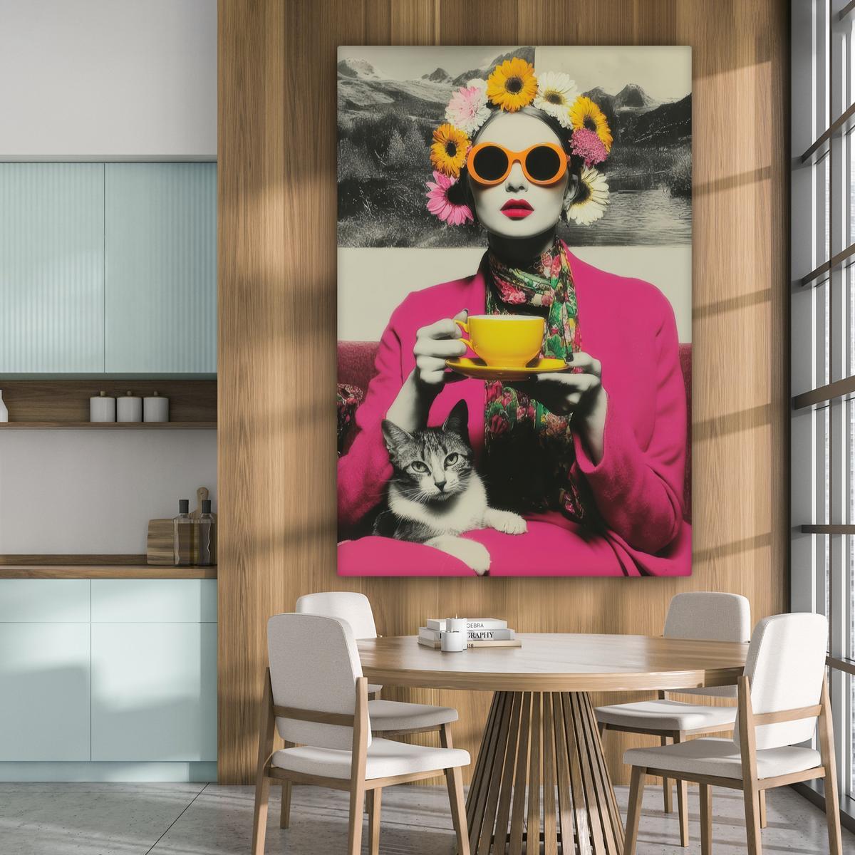 LEINWANDBILD Frau - Katze - Blumen - Tasse - Retro Deko Groß 90x140 cm - Magenta, Textil (90/140cm) - MuchoWow