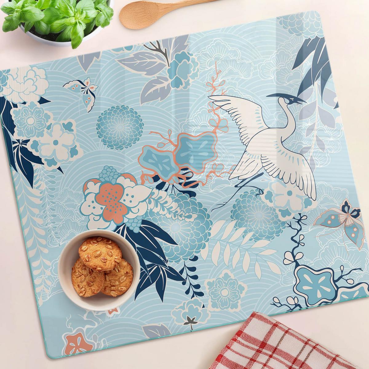 GLASPLATTE 60x52 cm Kranich und Blumen - Blau, Glas (60/0.4/52cm) - TULUP