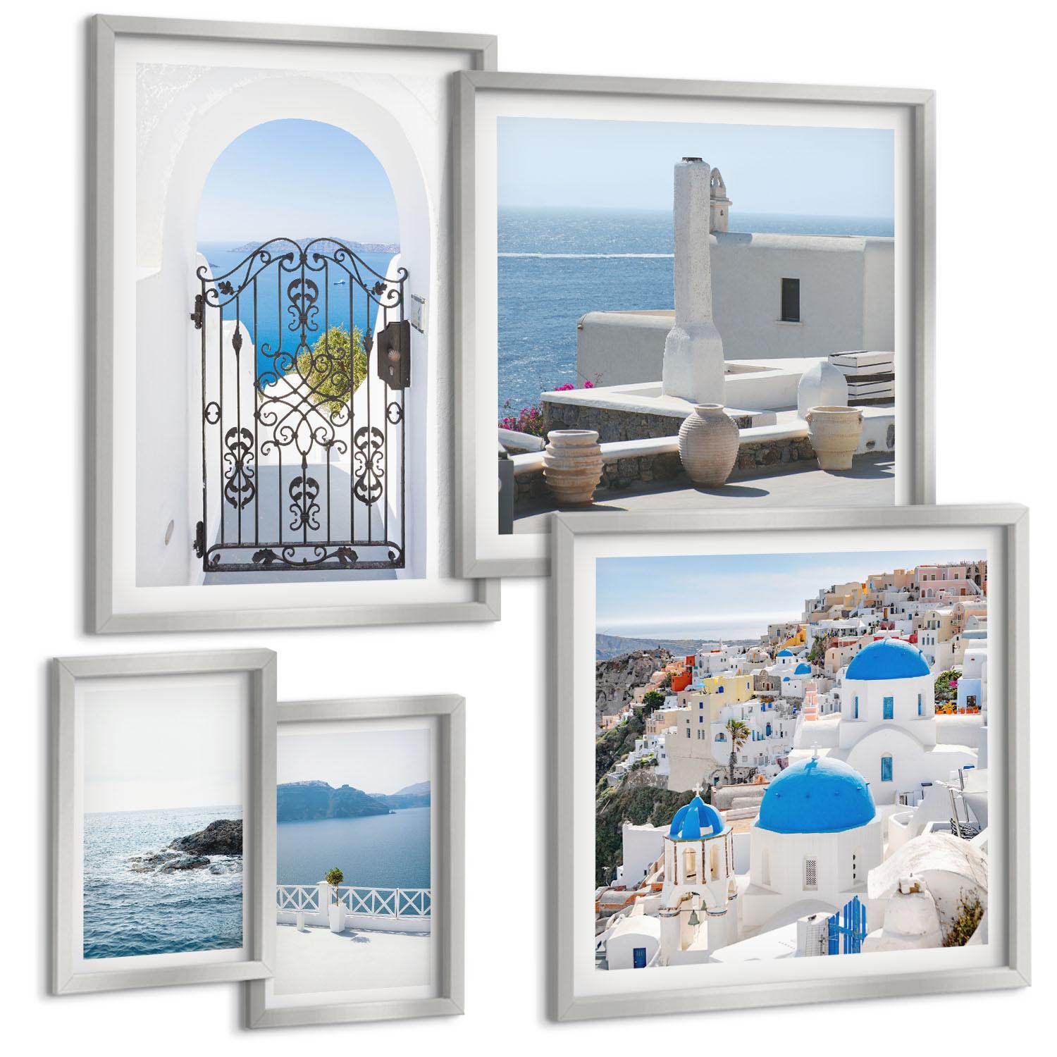 BILDER SET 5er Set - 50x50 cm & 20x30 cm & 40x60 cm Silberner Rahmen - Gebäude am Weißen Meer, Griechenland - Silberfarben, Kunststoff (40/60cm) - TULUP