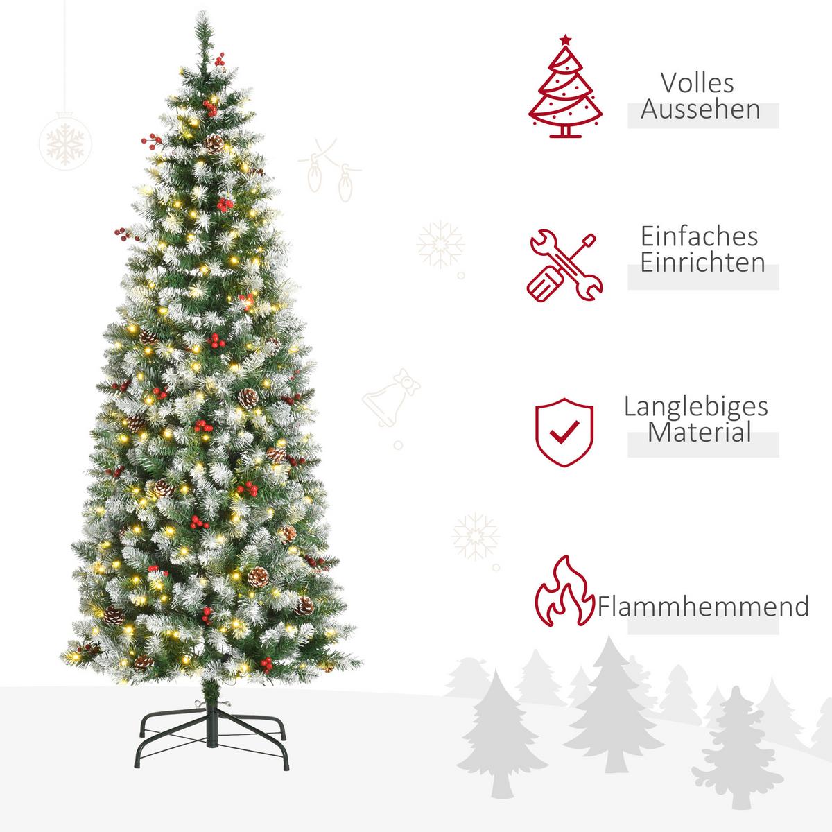 WEIHNACHTSBAUM 1,8 m Christbaum 618Zweige mit LED-Lichter Beeren PVC Grün+Weiß - Multicolor, Kunststoff (180cm) - HOMCOM