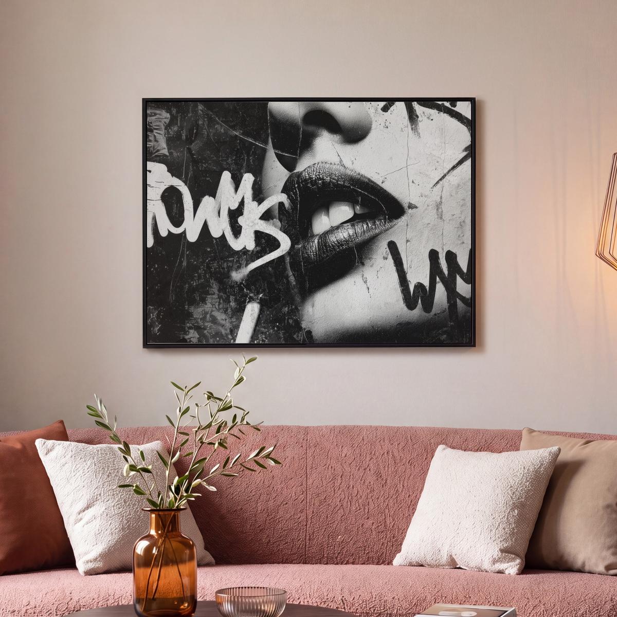 LEINWAND Bilder mit Rahmen - Gesicht - Mund - Graffiti - Schwarz - 80x60 - Schwarz, Textil (80/60cm) - MuchoWow