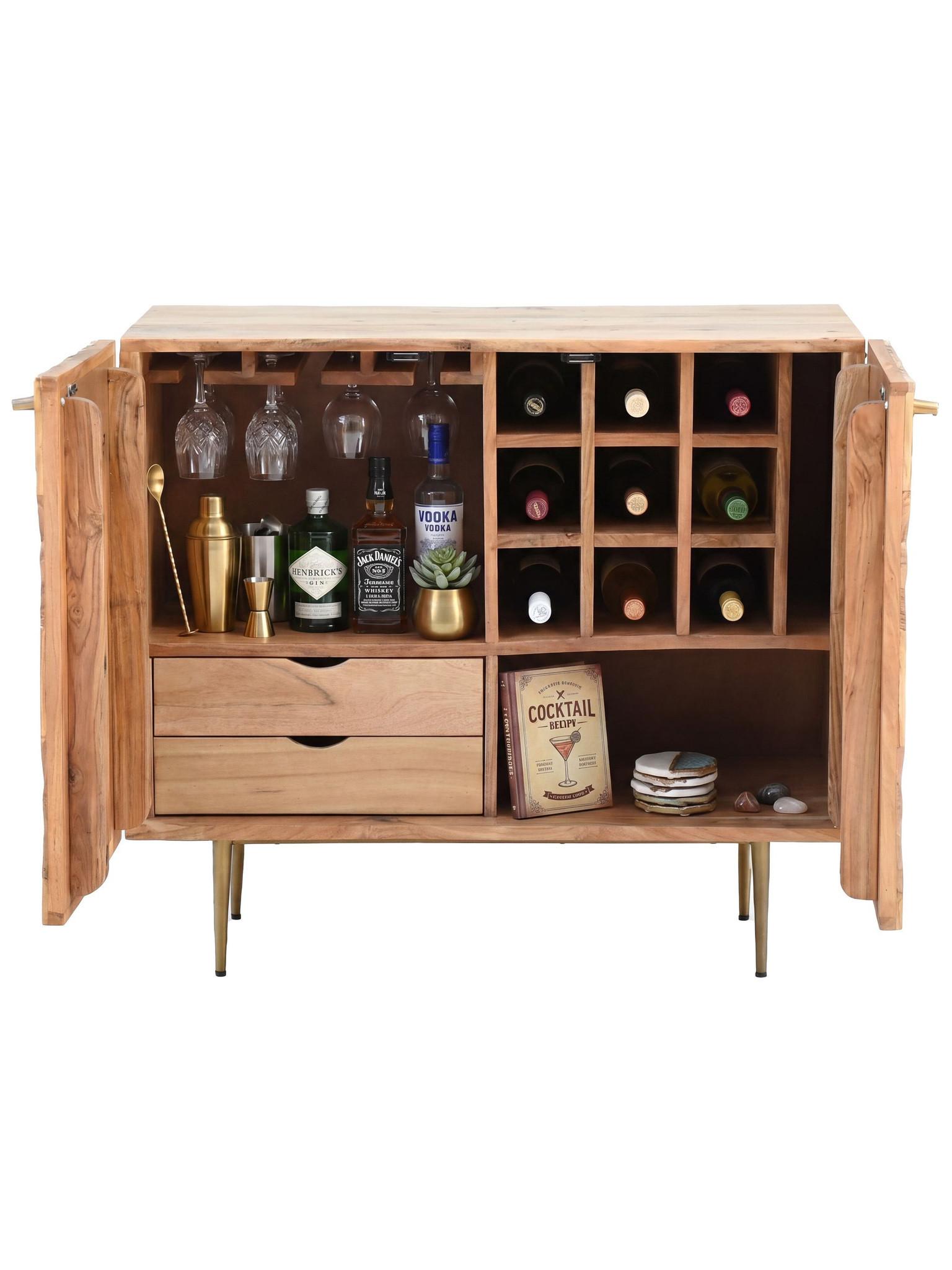 HAUSBAR MERTOLA, Akazie Massivholz, mit Holzstruktur, 90 x 45 x 78 cm - Goldfarben/Akaziefarben, Holz/Metall (90/78/45cm) - KADIMA DESIGN