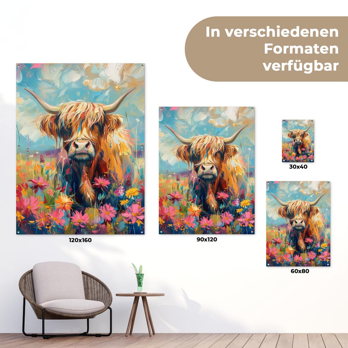 GARTENPOSTER Schottische Hochländer - Natur - Farbenfroh - Blumen Gartendekoration 120x160 cm - Hellblau, Kunststoff (120/160/0.2cm) - OnlyWow