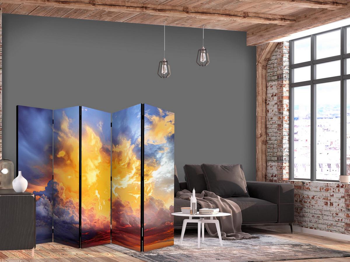 PARAVENT Akustik 5-tlg 225x172 cm Sonnenuntergang Wolken - Gelb, Holz/Textil (225/172/3cm) - Muralo