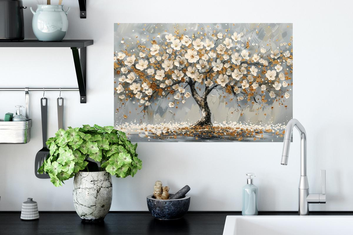 WANDTATTOO Baum - Blumen - Weiß - Natur - Kunst Deko Wohnzimmer 60x40 cm - Weiß, Kunststoff (60/40/0.1cm) - MuchoWow