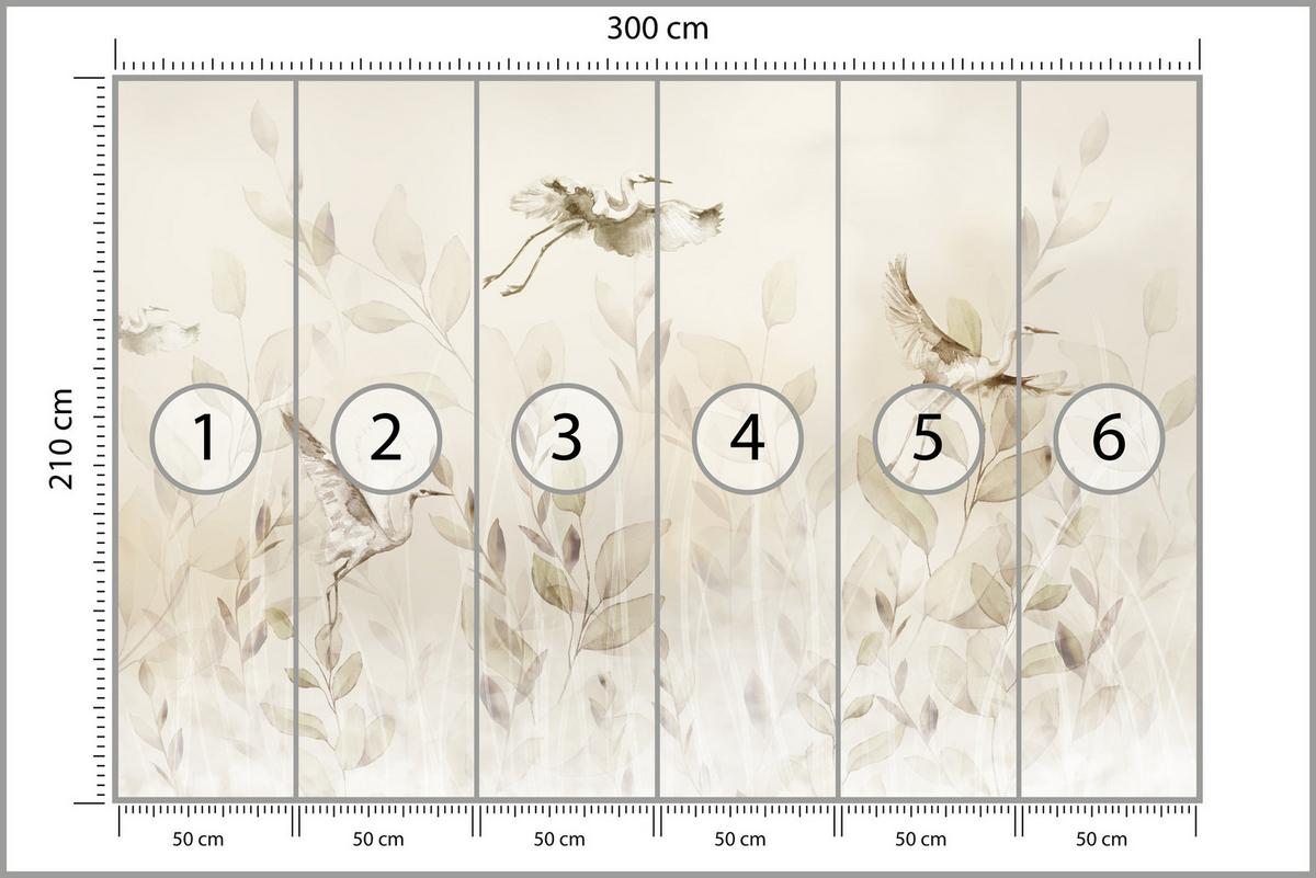 FOTOTAPETE Vögel Blätter Wiese Retro Stil 300x210 - Beige, Papier (300/210cm) - Muralo