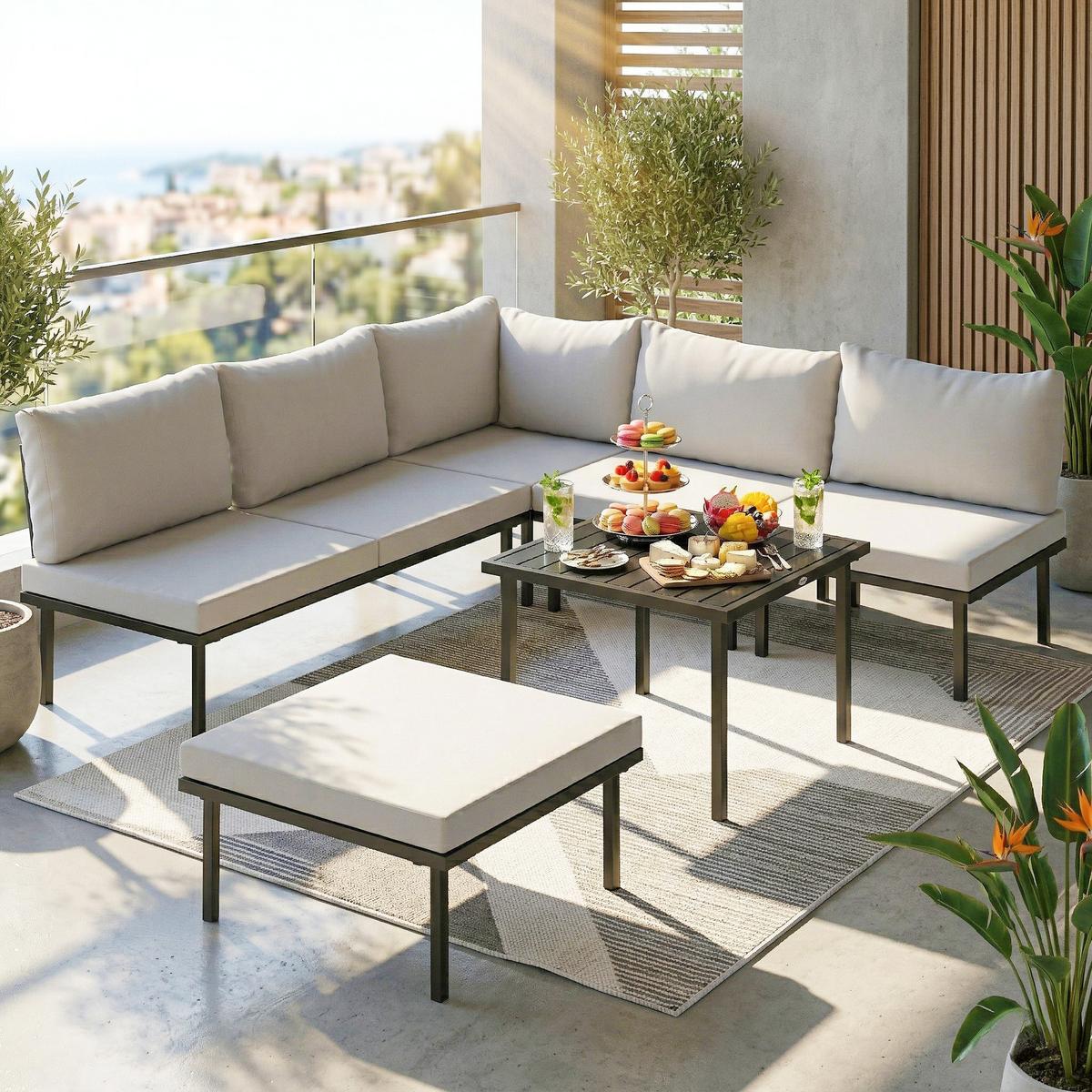 GARTENLOUNGE-SET 6er Set Metall Polyester Hellgrau - Hellgrau/Schwarz, Textil/Metall - Outsunny
