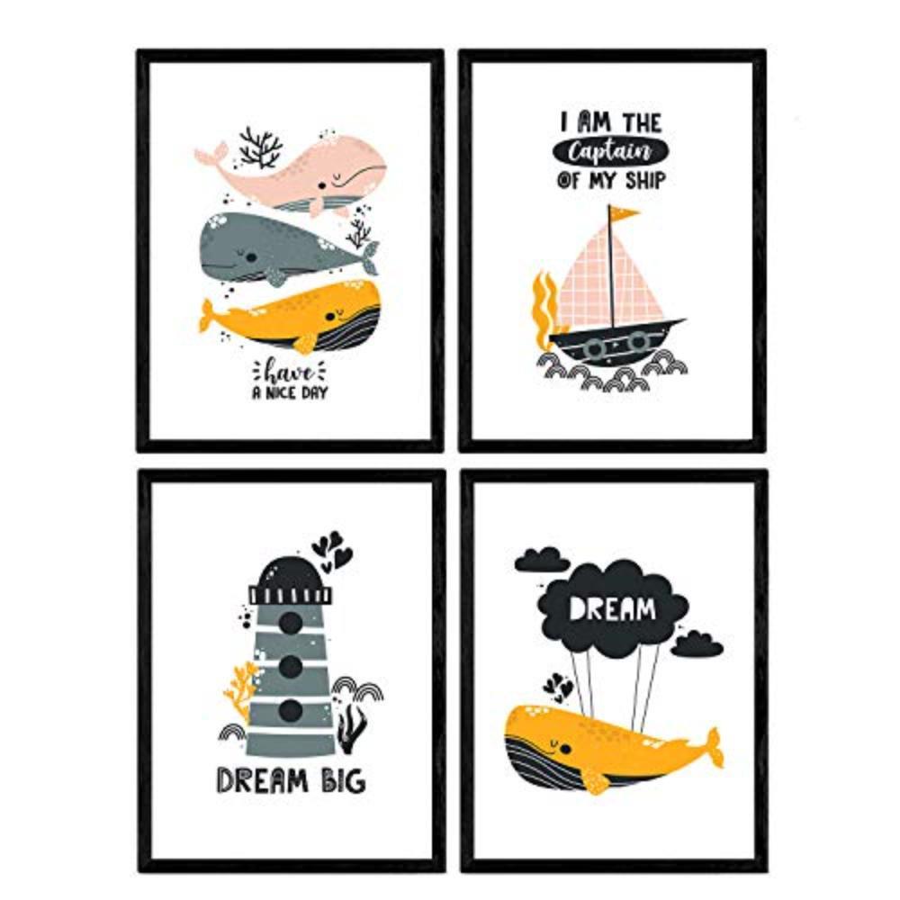 POSTER Set mit 4 Wale Leuchtturm Marine Schiff auf dem Meeresboden A3 Schwarzer Rahmen - Schwarz, Papier (29.7/3cm) - Nacnic