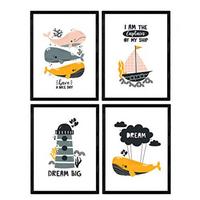 POSTER Set mit 4 Wale Leuchtturm Marine Schiff auf dem Meeresboden A3 Schwarzer Rahmen - Schwarz, Papier (29.7/3cm) - Nacnic