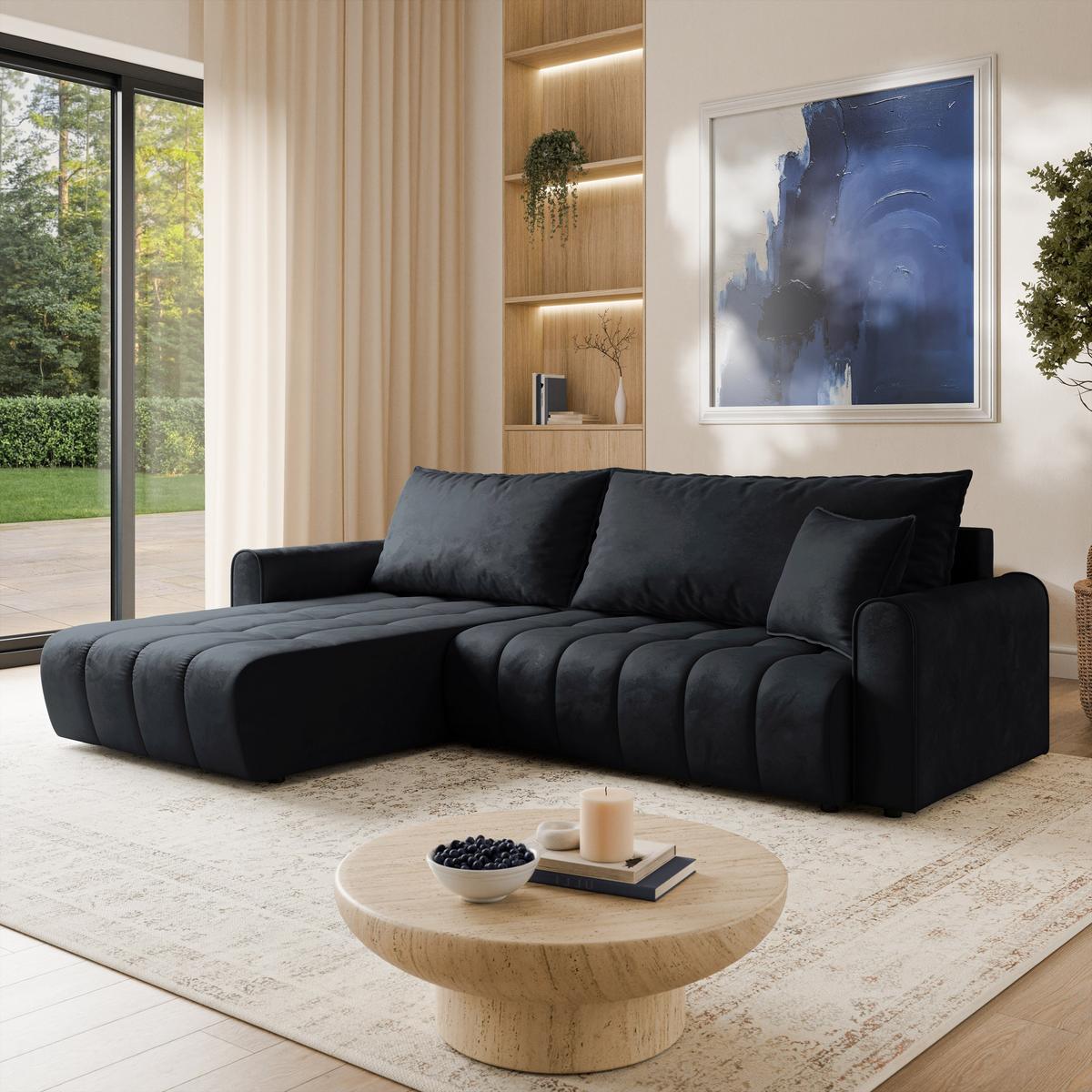 ECKSOFA FRIGA Schwarz Velours-Stoff mit Schlaffunktion - Schwarz, Holz (283/185cm) - MASSENO
