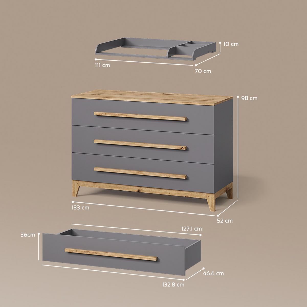 WICKELKOMMODE Mailo Grau/Artisan XL mit 3 Schubladen - Eiche Artisan/Grau, Holzwerkstoff (133/98/70cm) - Livinity®