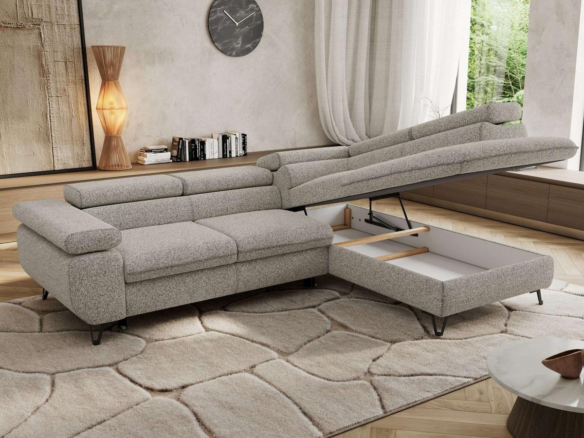 ECKSOFA PABLO L Hellgrau Struktur - Rechts Seite - Hellgrau/Schwarz, Textil/Metall (273/208cm) - MKS