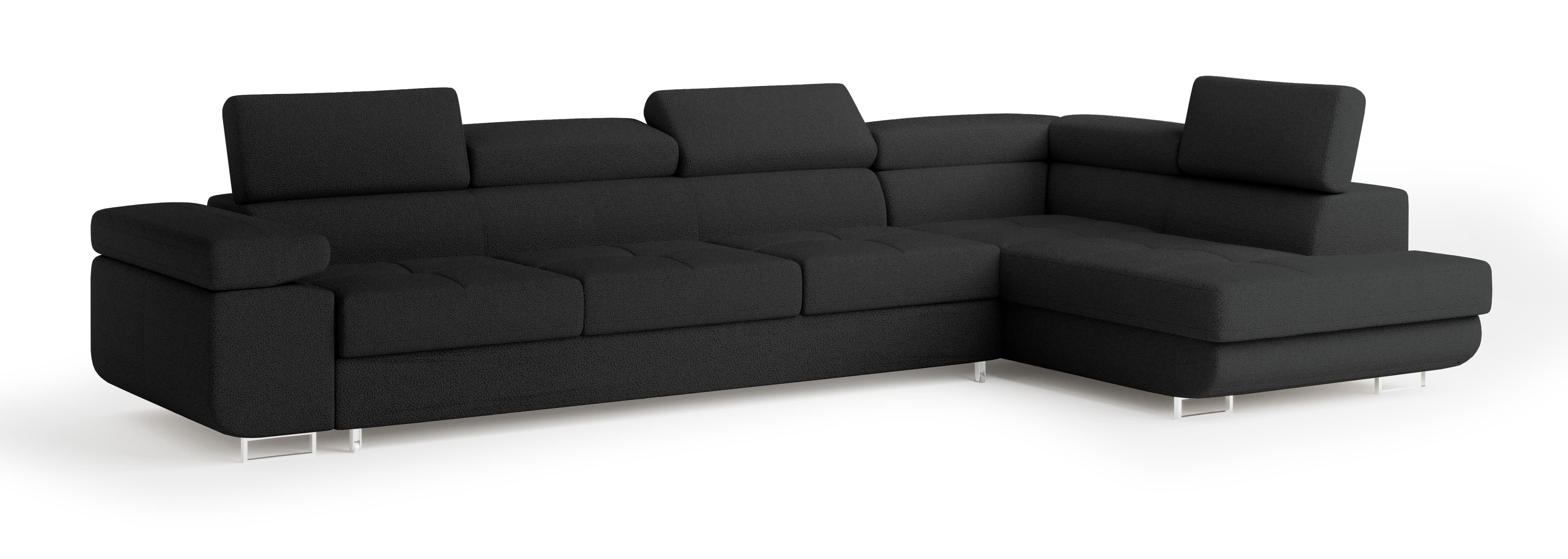 ECKSOFA VICENTE Schwarz Boucle-Stoff mit Schlaffunktion - Schwarz, Holz (346/202cm) - MASSENO