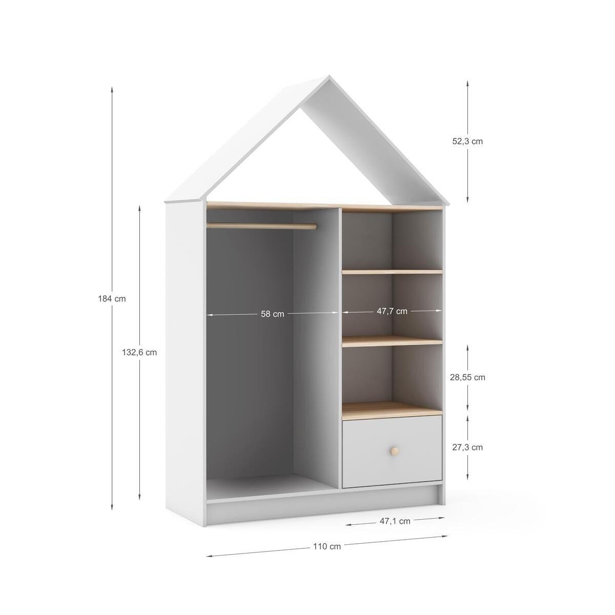 KLEIDERSCHRANK mit 3 Nischen, 1 Schublade und 1 Kleiderstange H180 cm 45/110/180 cm - Weiß, Holz (45/180/110cm) - Calicosy