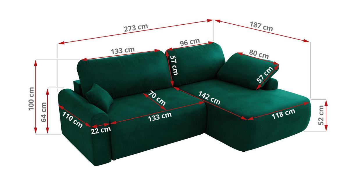 ECKSCHLAFSOFA CUBO L Dunkelgrün Velvet - rechts - Dunkelgrün/Schwarz, Kunststoff/Textil (187/273cm) - MKS
