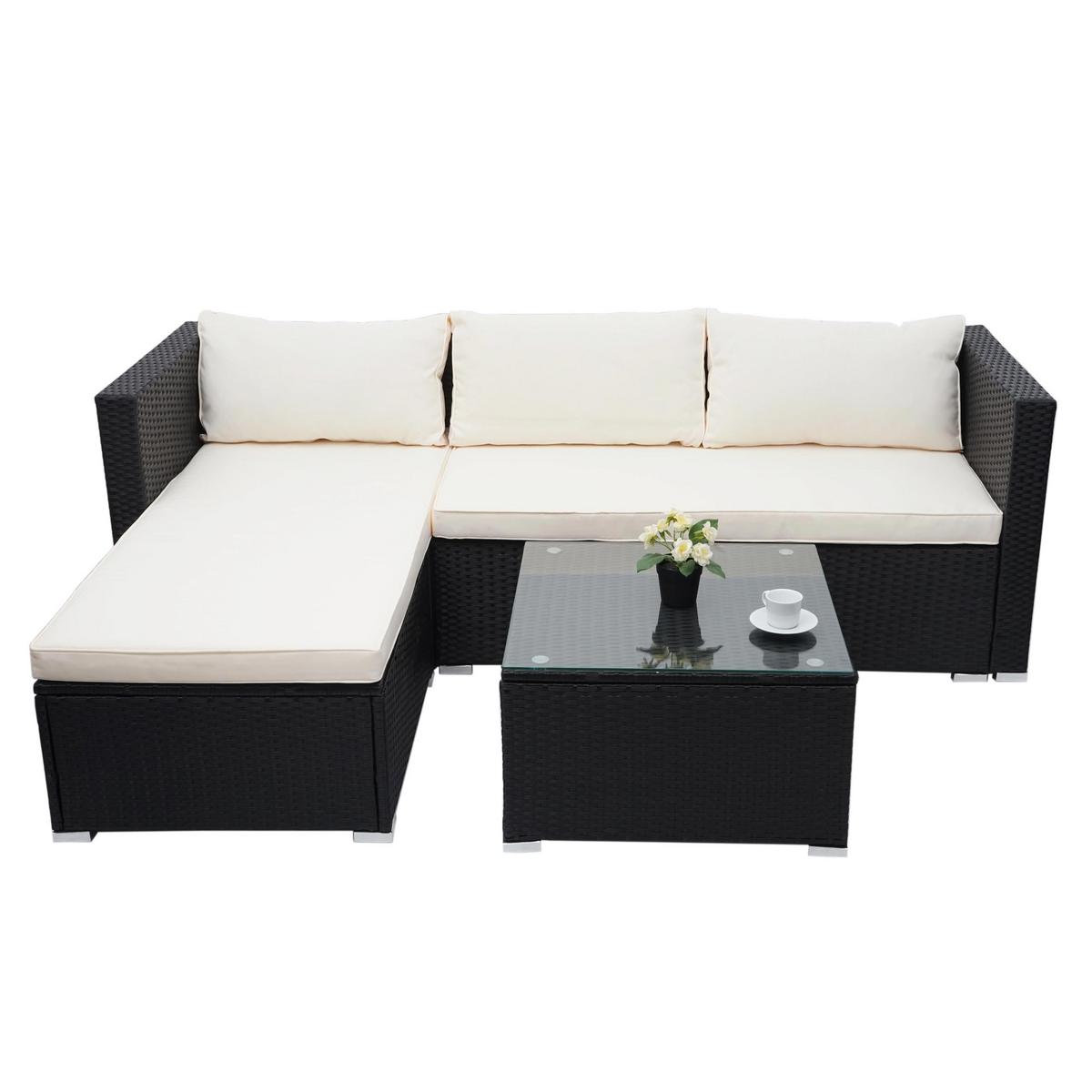 POLY-RATTAN GARNITUR Schwarz, Cremeweiß - Schwarz/Weiß, Kunststoff - MCW