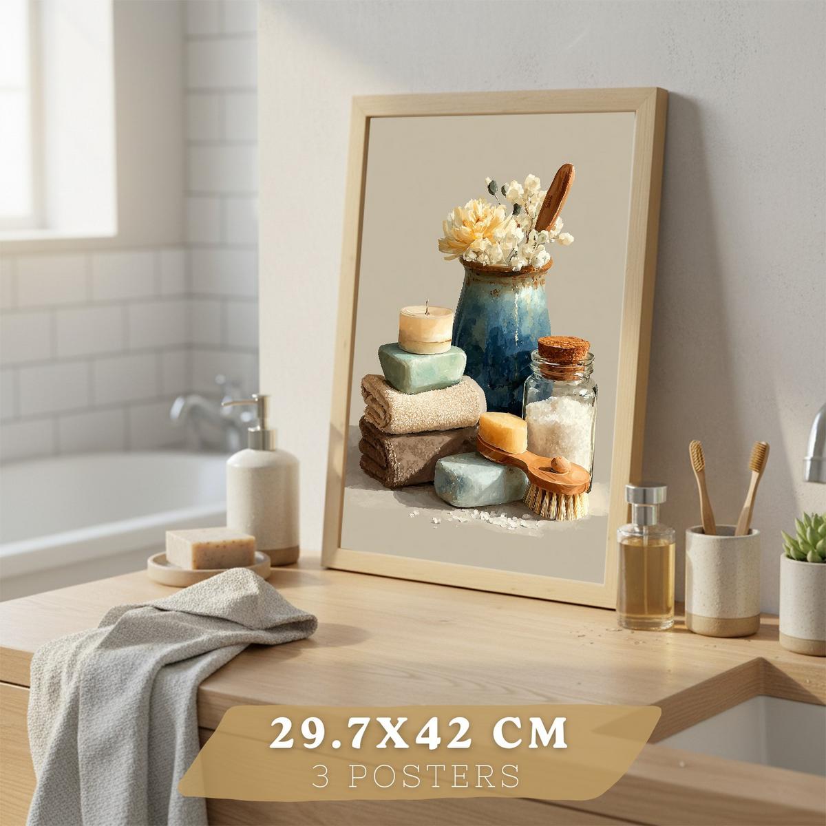 POSTER 3er-Set dekorative Badezimmerbilder, Wanddekoration, natürlichen, für Toilette, mit Handtüchern, Kerzen und Seifen Leichter Holzrahmen A3 - Beige, Papier (42/29.7/3cm) - Nacnic