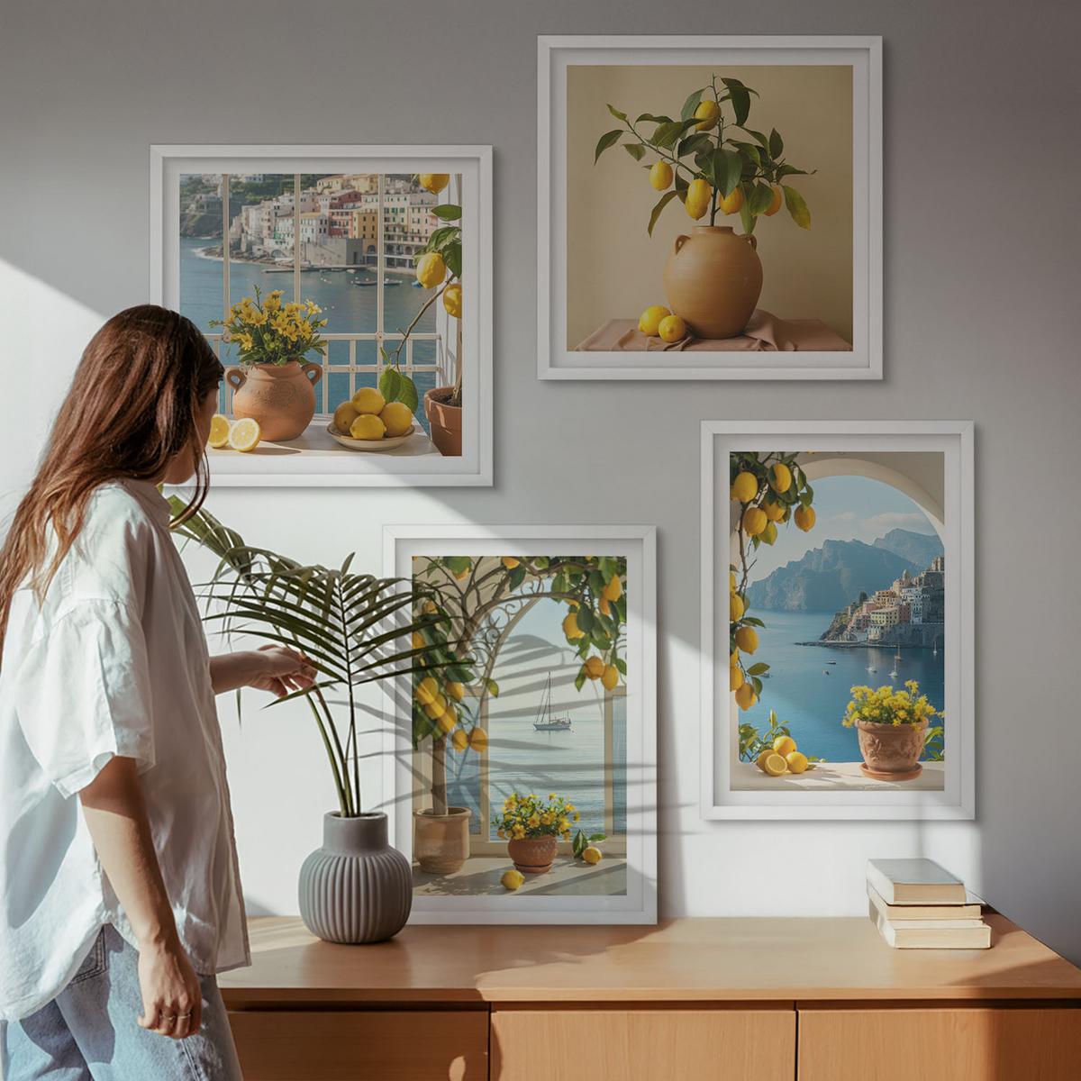 BILDER SET 4er Set - 50x50 cm & 40x60 cm Weißer Rahmen - Zitronenblumen aus der Küstenstadt - Weiß, Kunststoff (50/50cm) - TULUP