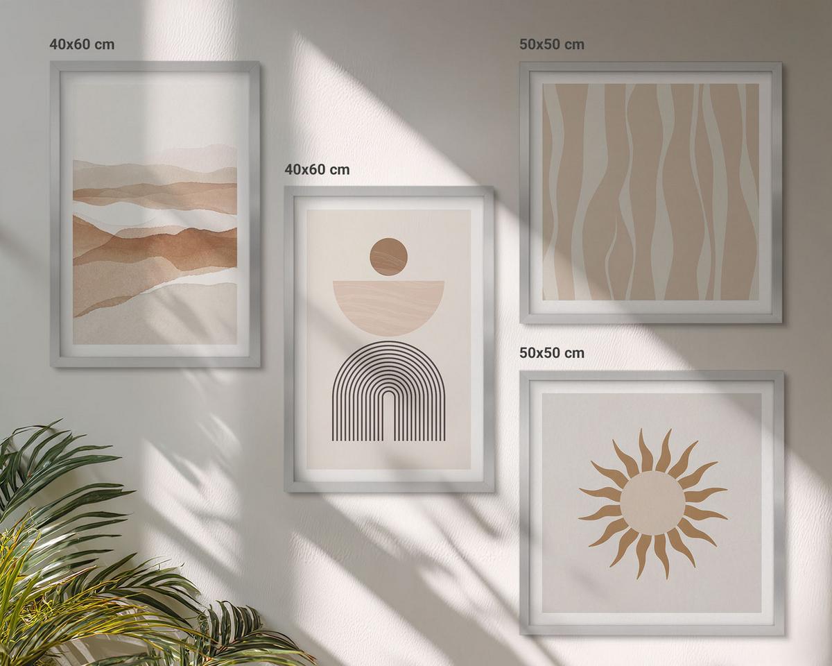 BILDER SET 4er Set - 50x50 cm & 40x60 cm Silberner Rahmen - Abstrakte Landschafts- und Naturgeometrie - Silberfarben, Kunststoff (50/50cm) - TULUP