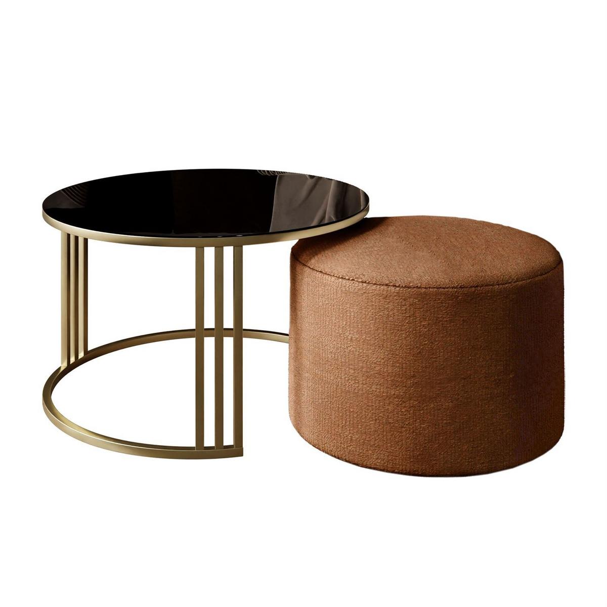 COUCHTISCH mit Hocker LORI GLASS gebürstetes Gold/schwarzes Glas/Perfect Harmony 52 - Schwarz, Metall (70/70/49cm) - Lookway