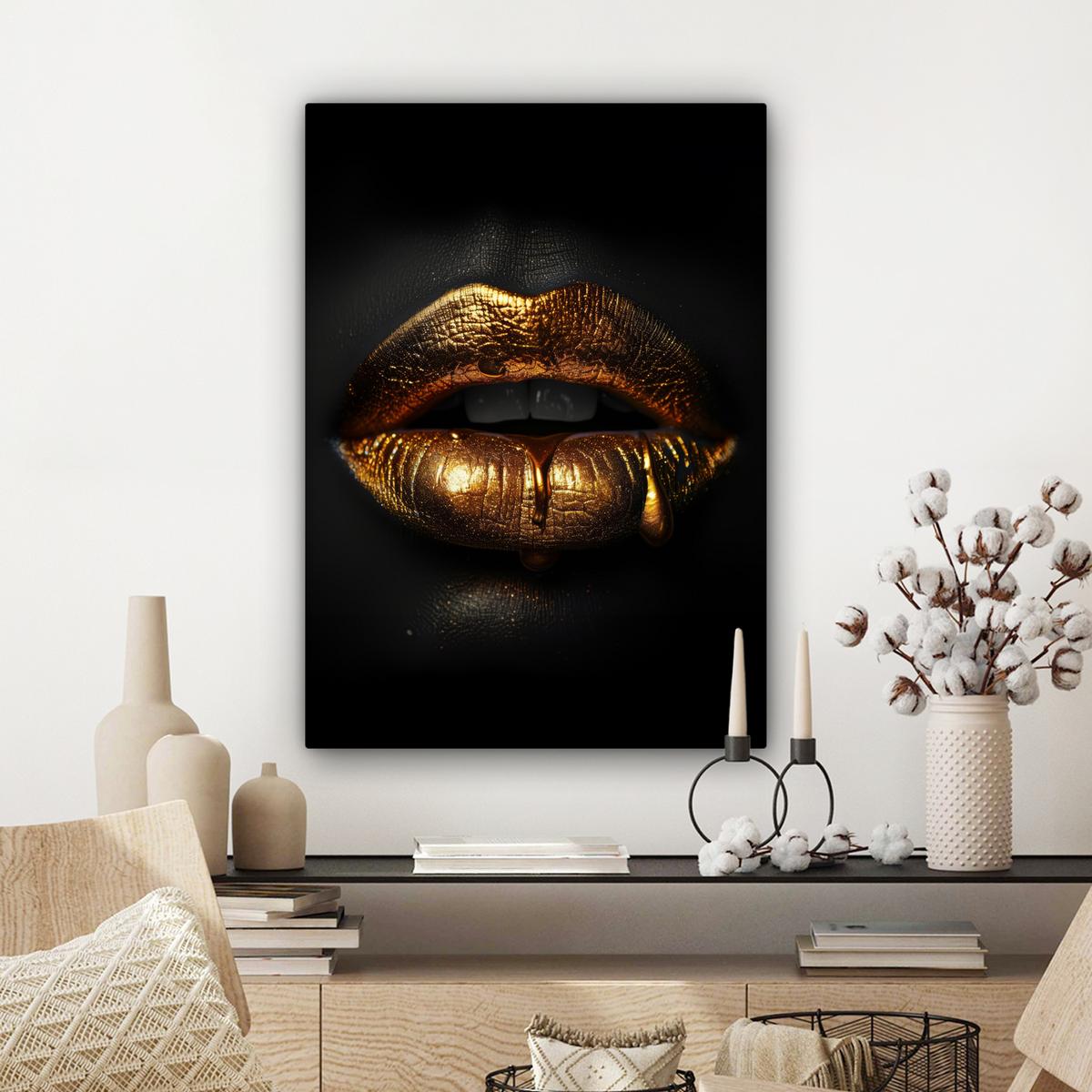 LEINWANDBILD Frau - Porträt - Lippen - Gold - Schwarz Wandbild Wohnzimmer 60x80 cm - Schwarz, Textil (60/80cm) - MuchoWow