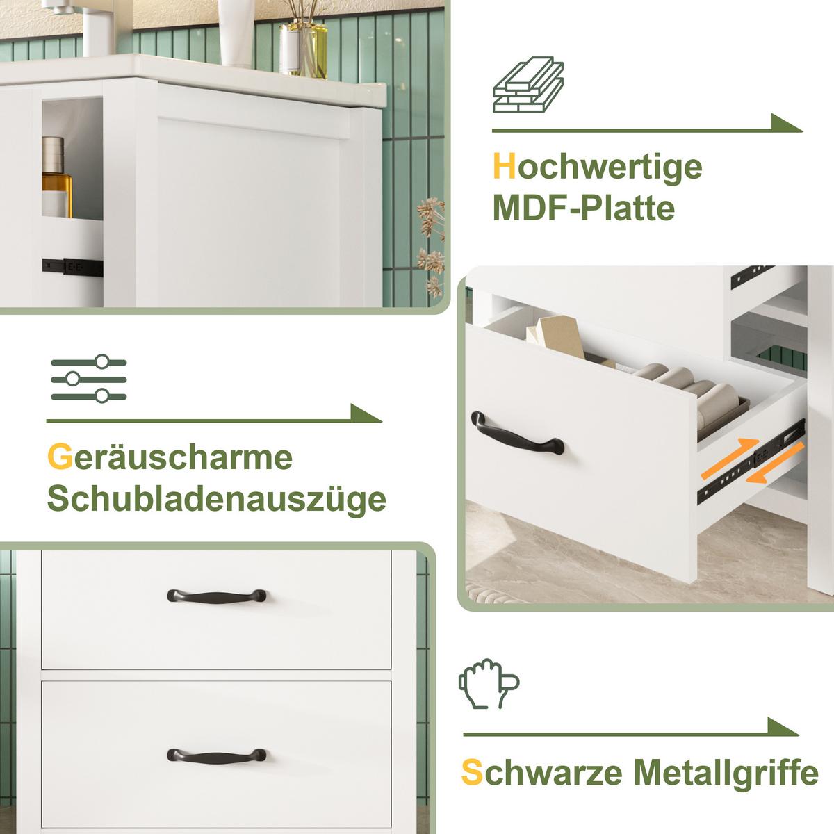 WASCHTISCH Freistehend Weiß mit Keramikbecken & 3 Schubladen - Weiß, Holzwerkstoff (61/83/47cm) - Urban Meuble