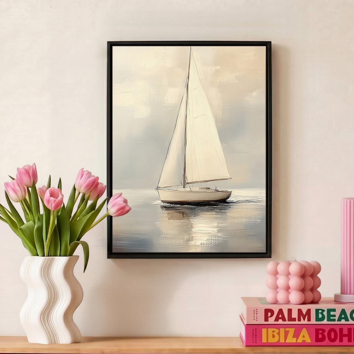 LEINWAND Bilder mit Rahmen - Segelschiff - Meer - Bewölkt - 30x40 - Creme, Textil (30/40cm) - MuchoWow
