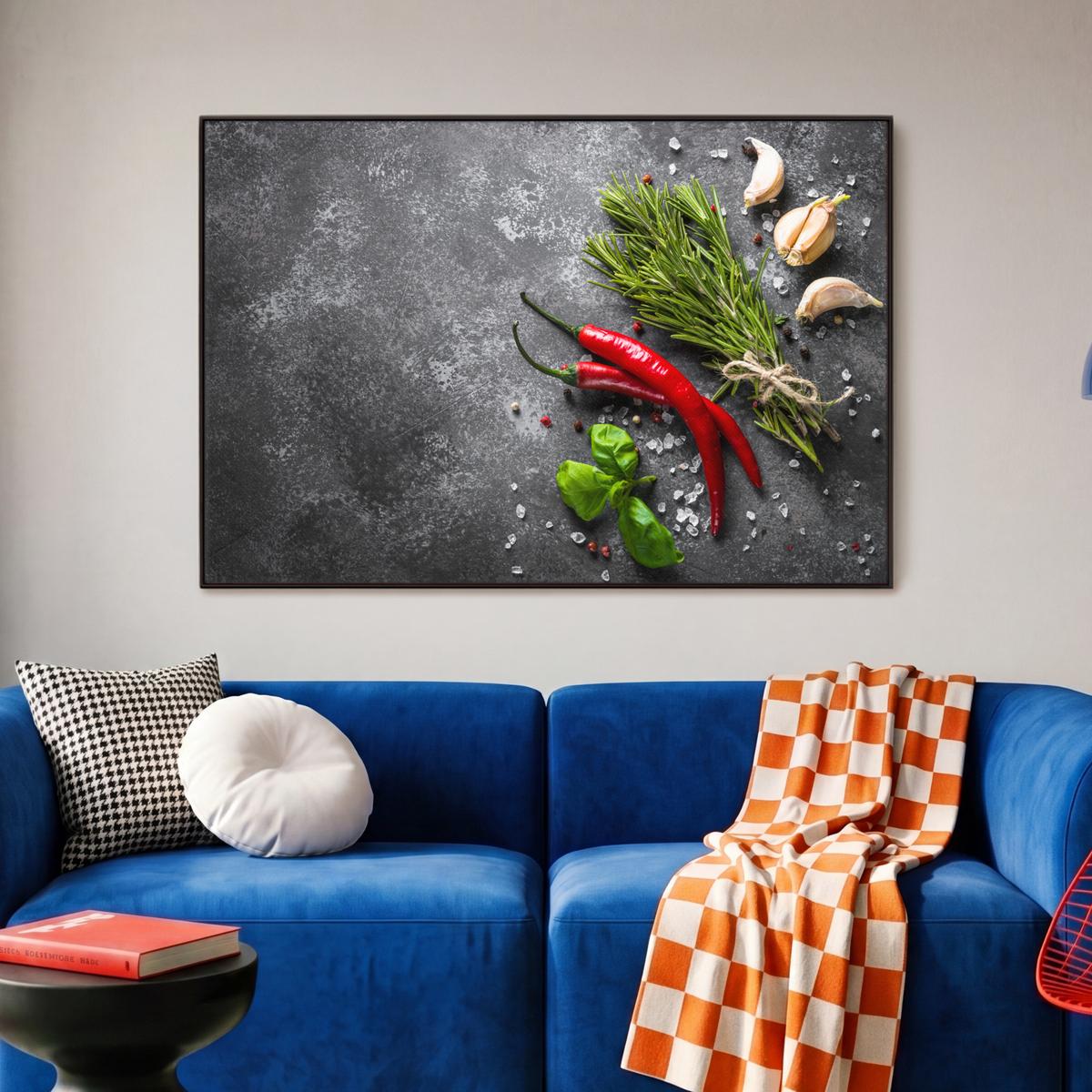 LEINWAND Bilder mit Rahmen - Pfeffer - Kräuter - Gewürze - Beton - 90x60 - Dunkelgrau, Textil (90/60cm) - MuchoWow