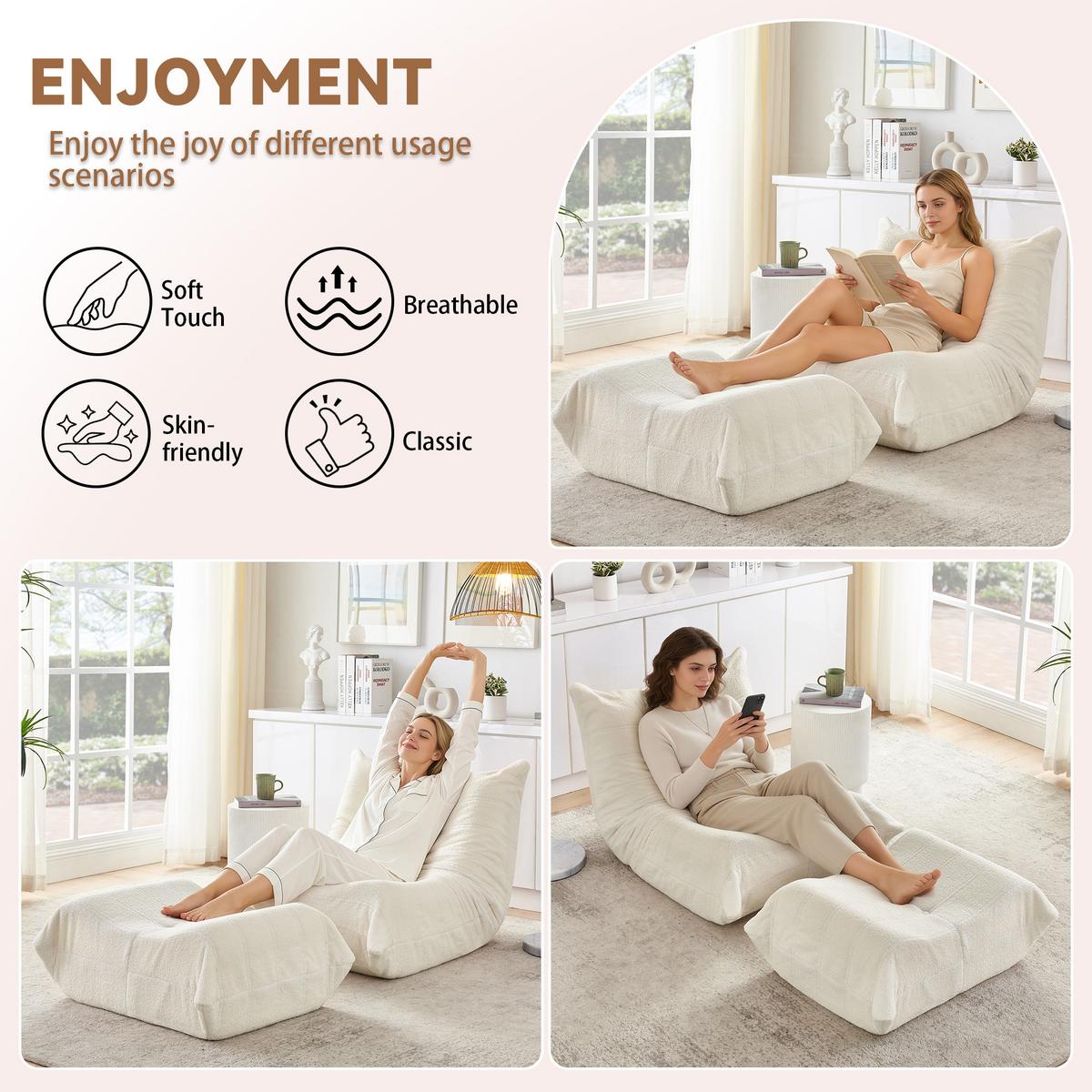 LAZY SOFA Teddyfell Optik mit Hocker weich & ergonomisch - Beige, Textil (100/70/90cm) - Urban Meuble