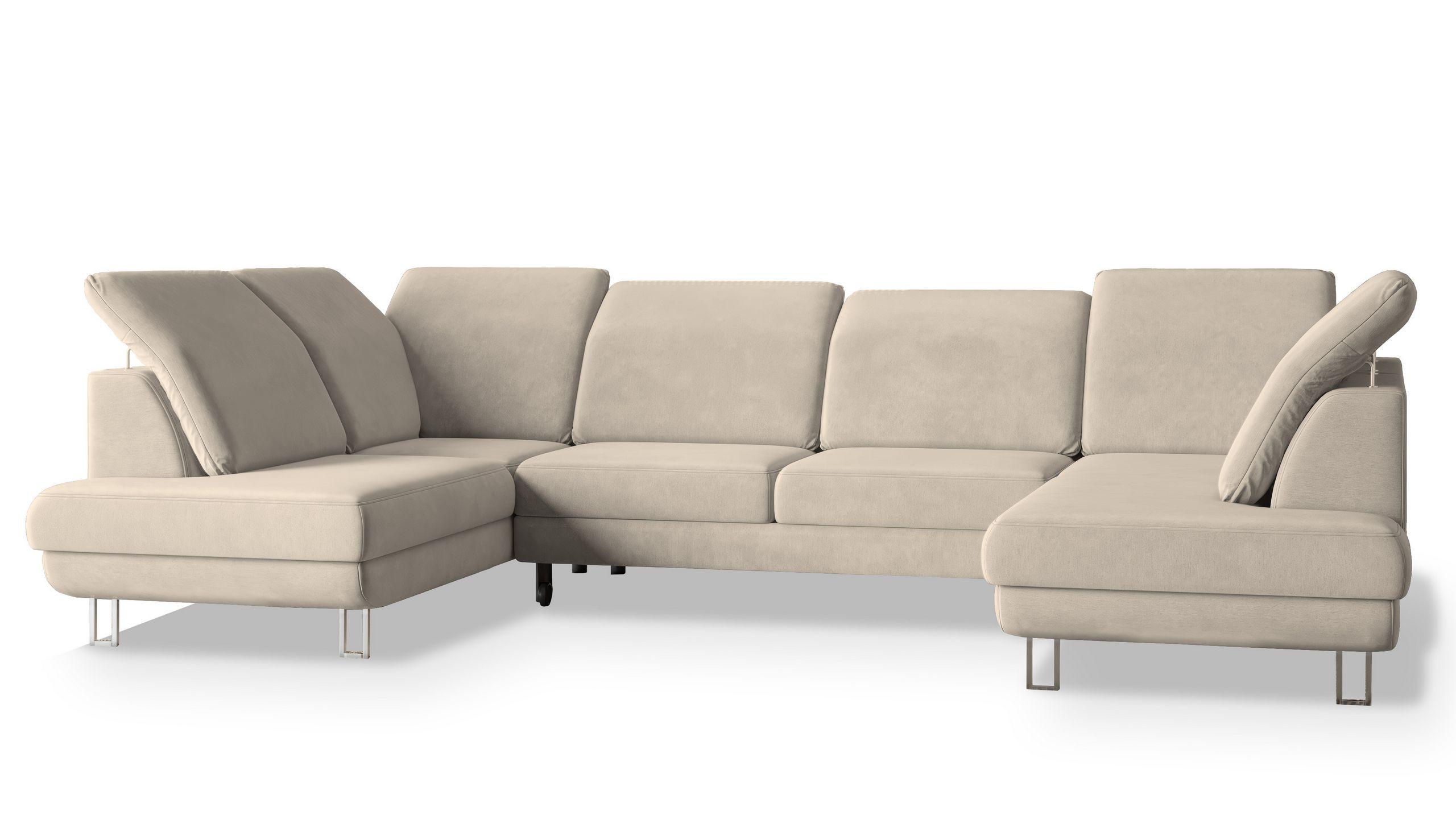 WOHNLANDSCHAFT TERAMO Creme Velours-Stoff mit Schlaffunktion - Silberfarben/Creme, Holz/Textil (316/88/193cm) - MASSENO
