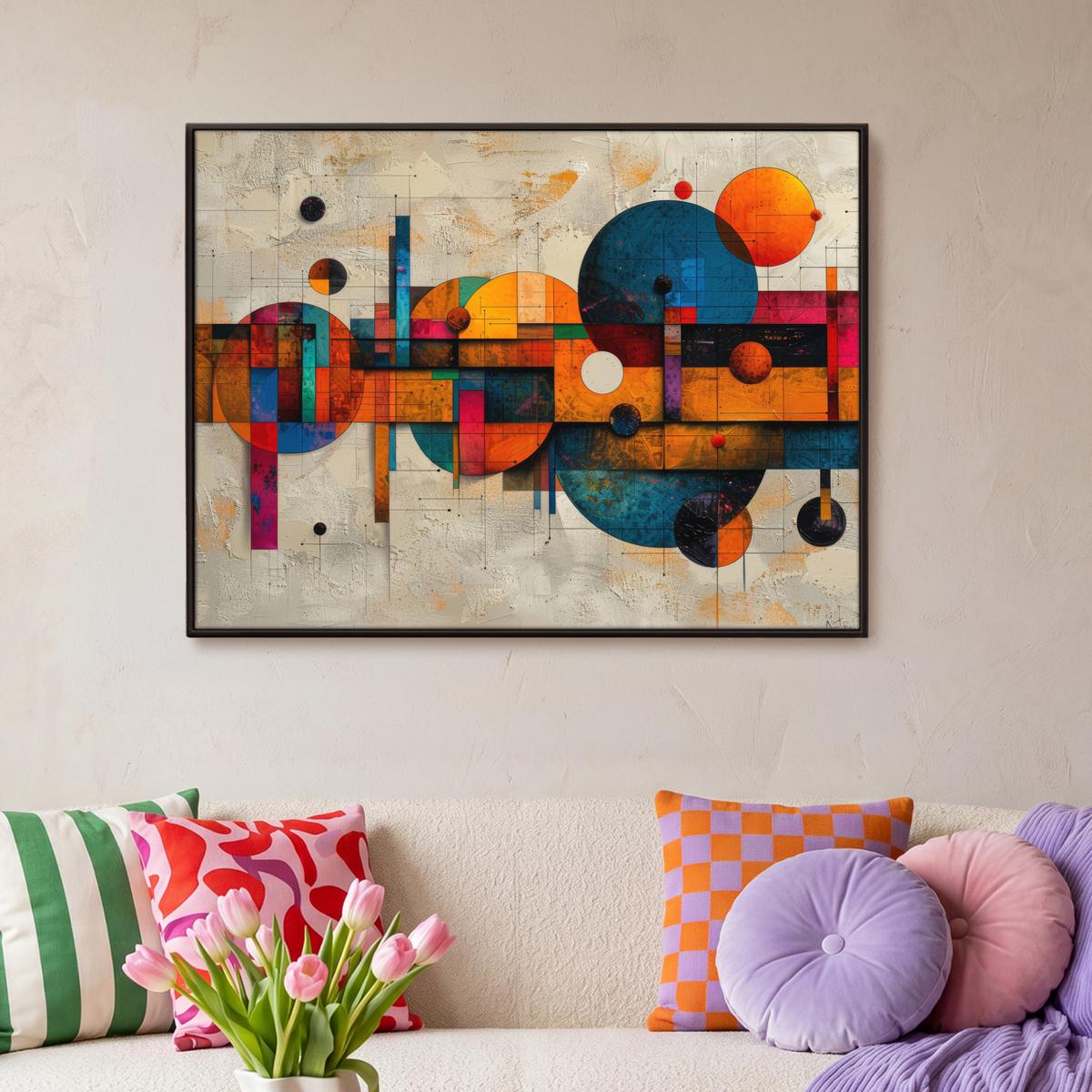 LEINWAND Bilder mit Rahmen - Vintage - Moderne Kunst - Orange - Geometrische Formen - 100x70 - Multicolor, Textil (100/70cm) - MuchoWow