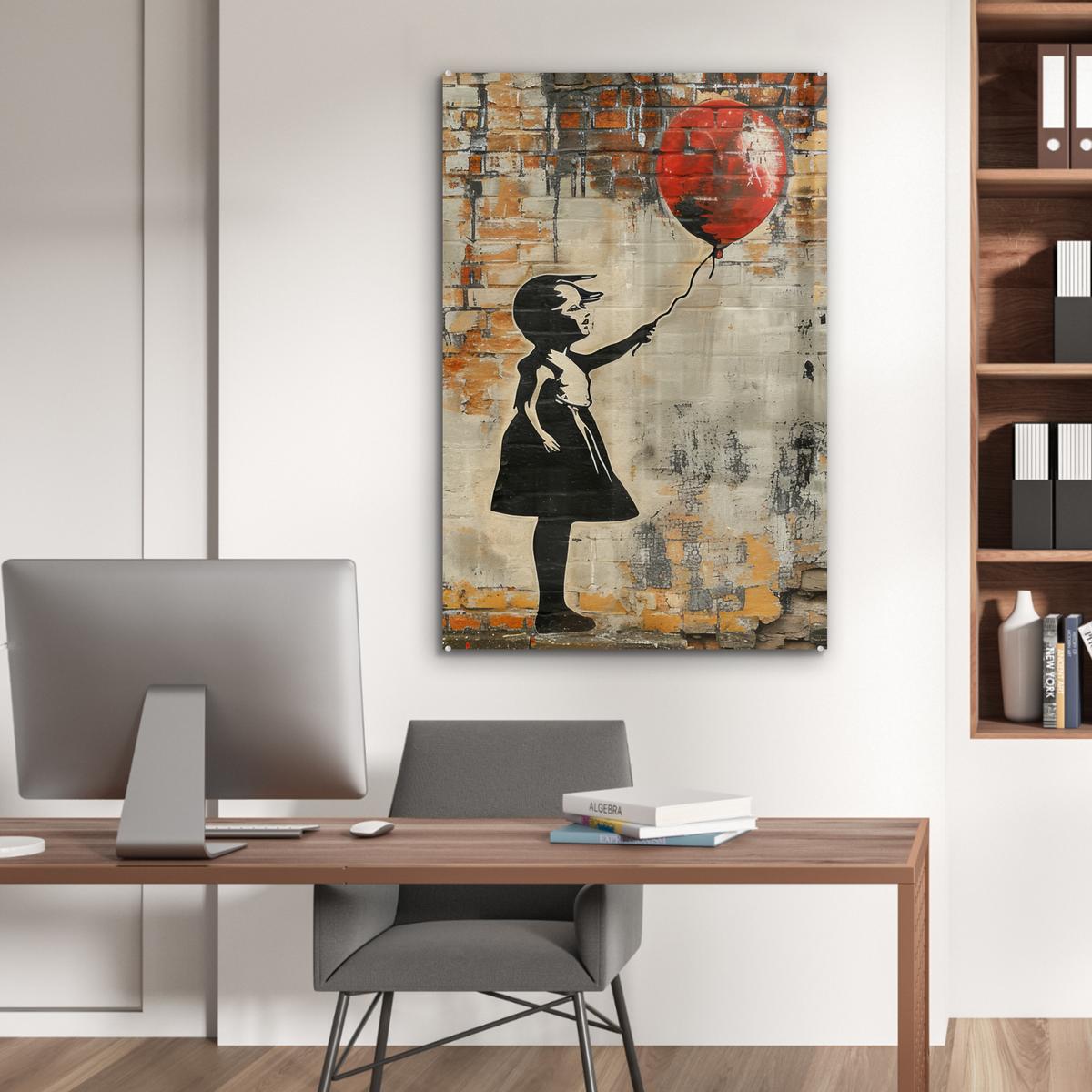 ACRYLGLASBILD Graffiti - Banksy - Mädchen - Straßenkunst 80x120 cm - Sandfarben, Glas (80/120cm) - MuchoWow