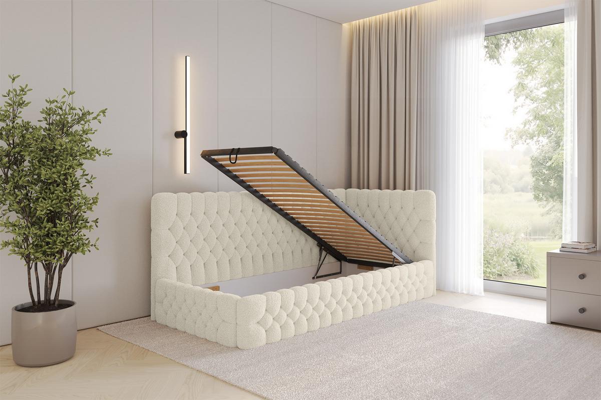 EINZELLBETT Jugendbett mit Bettkasten und Matratze H3/H4, Links - MULY 100x200 Beige - Champagner, Holzwerkstoff/Textil (100/200cm) - ALTDECOR