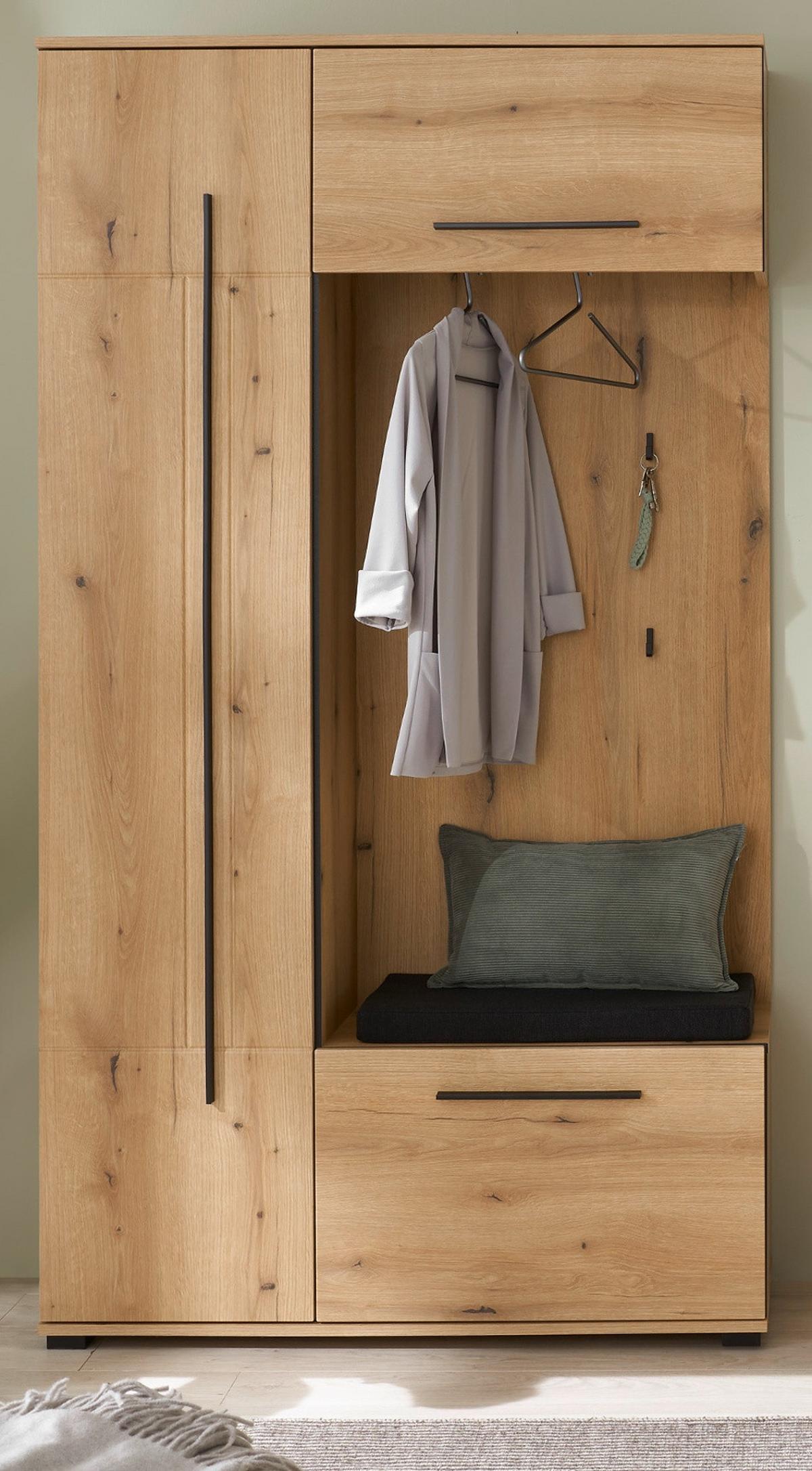 KOMPAKTGARDEROBE Evoke Eiche 111 x 200 cm, Garderobe mit Soft-Close - Eichefarben/Schwarz, Holzwerkstoff/Kunststoff (111/200/37cm) - Furn.Design
