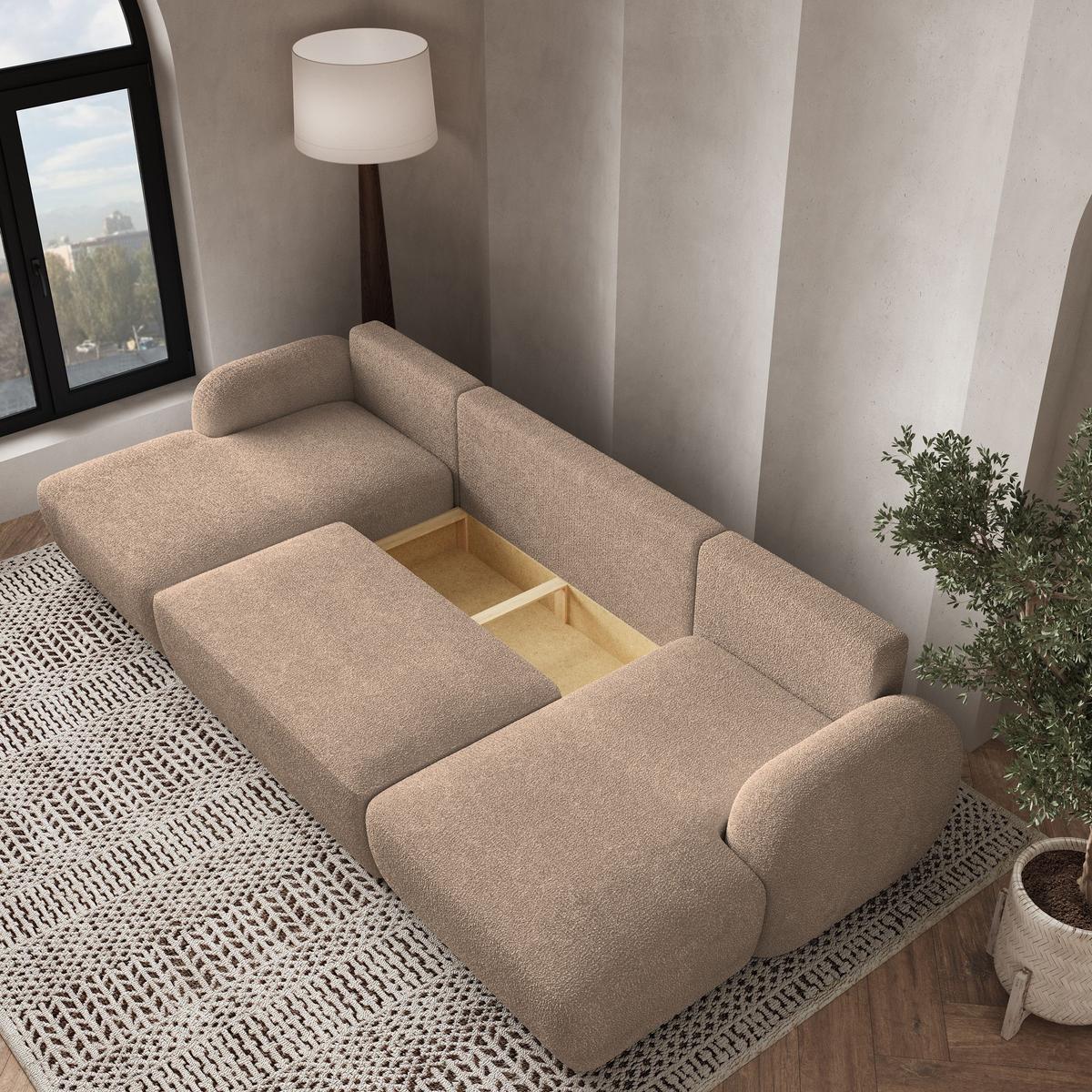 WOHNLANDSCHAFT SAVONA N Beige Boucle-Stoff mit Schlaffunktion - Beige/Schwarz, Holz/Kunststoff (320/90/148cm) - MASSENO