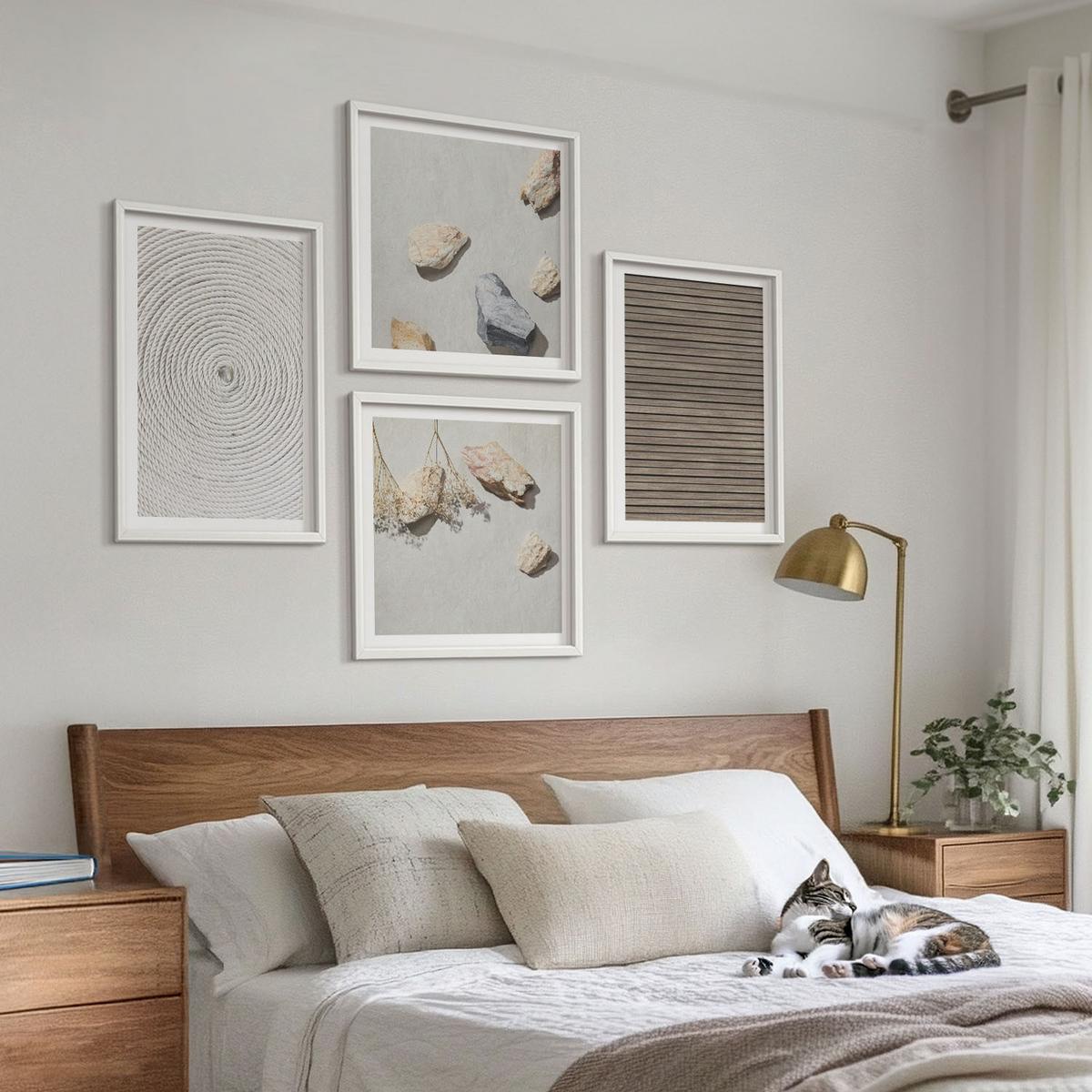 BILDER SET 4er Set - 50x50 cm & 40x60 cm Weißer Rahmen - Natürliche Texturen Holz Steine - Weiß, Kunststoff (50/50cm) - TULUP