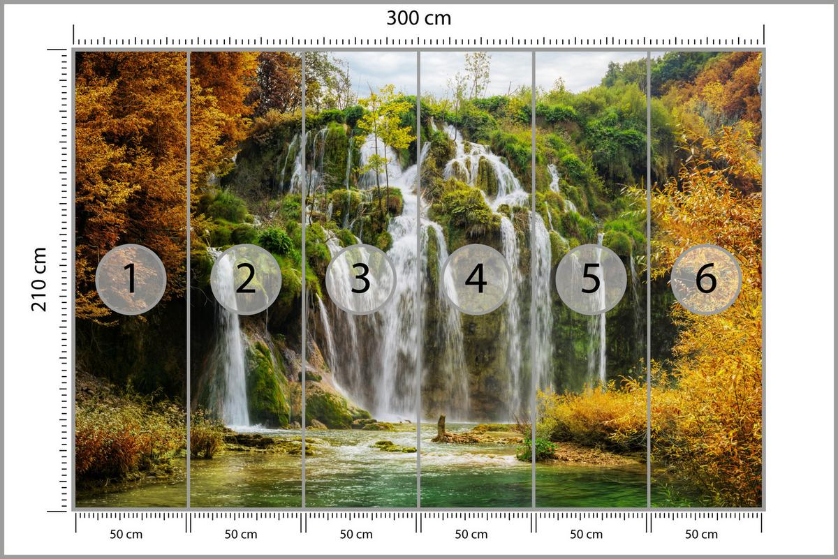 FOTOTAPETE für Esszimmer Exotischer Wasserfall Herbstbaum 300x210 - Gelb/Beige, Papier (300/210cm) - Muralo