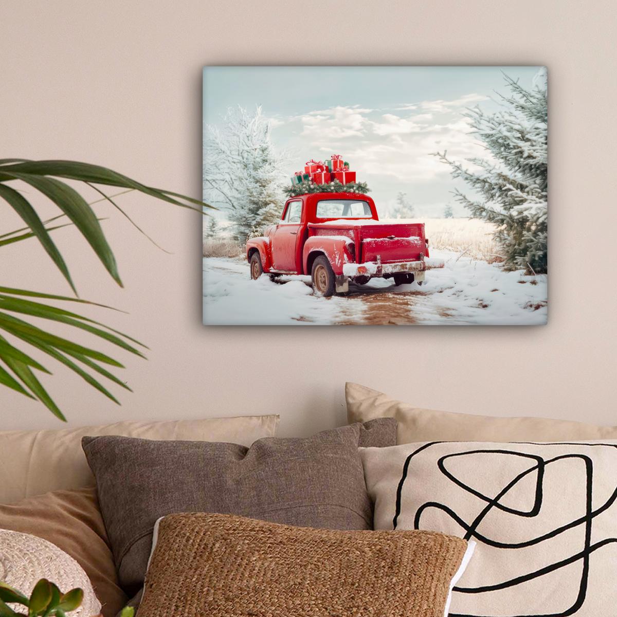 LEINWANDBILD Auto - Rot - Geschenke - Winter - Schnee - Weihnachten Wandbild 40x30 cm - Rot, Textil (40/30cm) - MuchoWow