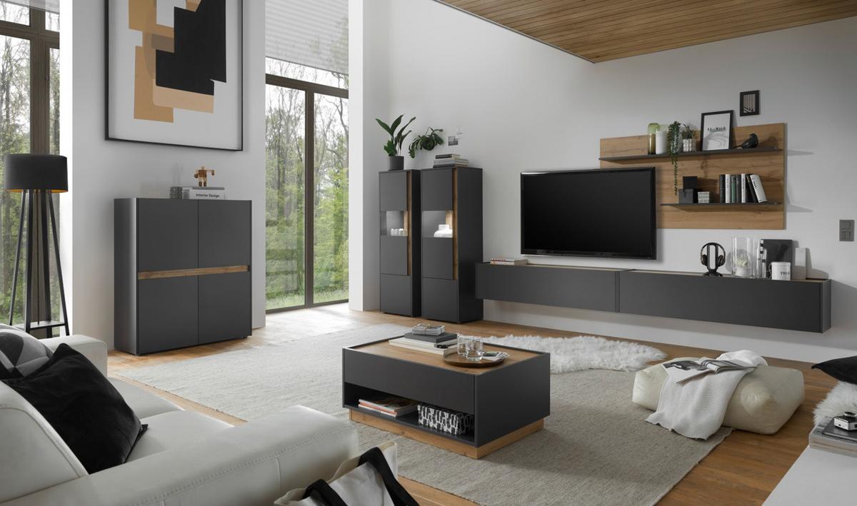 WOHNWAND grau matt, Eiche Wotan 3-teilig 300 cm, Schrankwand hängend - Eiche Wotan/Grau, Holzwerkstoff/Metall (300/180/30cm) - Furn.Design