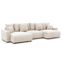WOHNLANDSCHAFT Calma mit Schlaffunktion und Bettkasten im Bumpy-Design aus weichem Creme Plüschcord - Beige/Creme, Holz/Textil (336/88/140cm) - S-Style