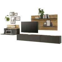 WOHNWAND grau matt, Eiche Wotan 350 cm, Schrankwand mit Sekretär - Eiche Wotan/Grau, Holzwerkstoff/Metall (350/180/30cm) - Furn.Design