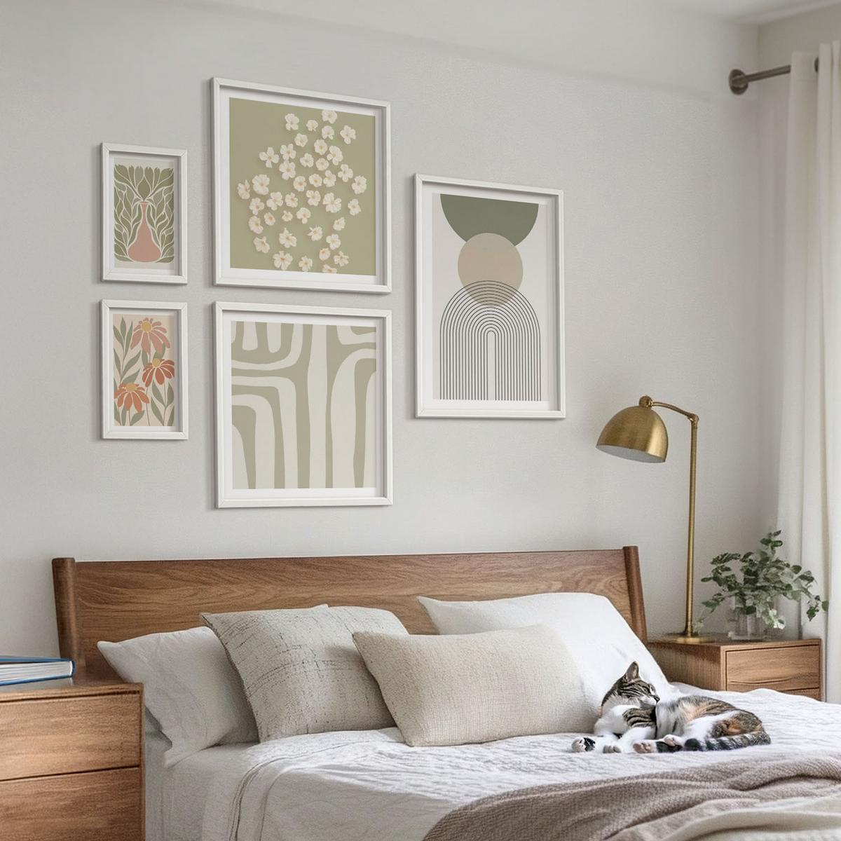 BILDER SET 5er Set - 50x50 cm & 20x30 cm & 40x60 cm Weißer Rahmen - Floraler minimalistischer Boho-Stil - Weiß, Kunststoff (40/60cm) - TULUP