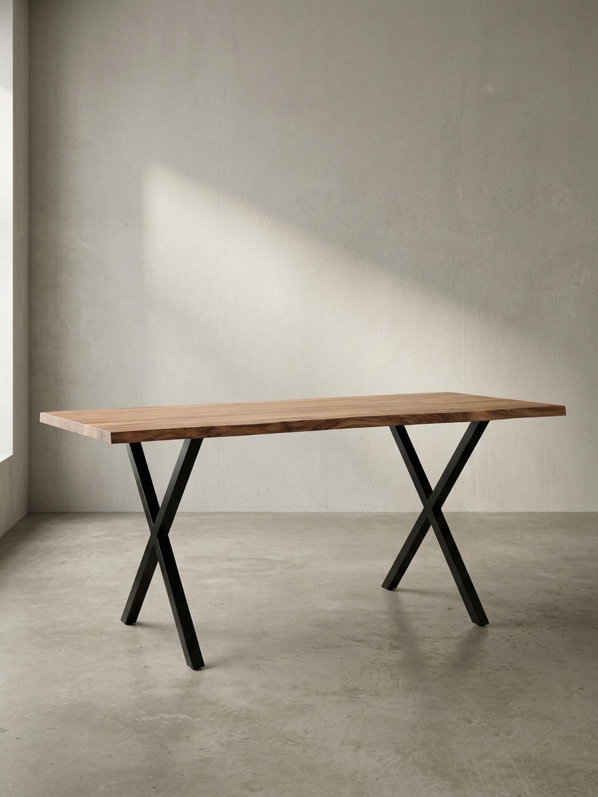 SCHREIBTISCH Massivholz X-Gestell Baumkante Handgefertigt KRETA, Goldbraun-Schwarz 140x80x76 cm - Schwarz/Braun, Holz/Metall (80/140/76cm) - KADIMA DESIGN