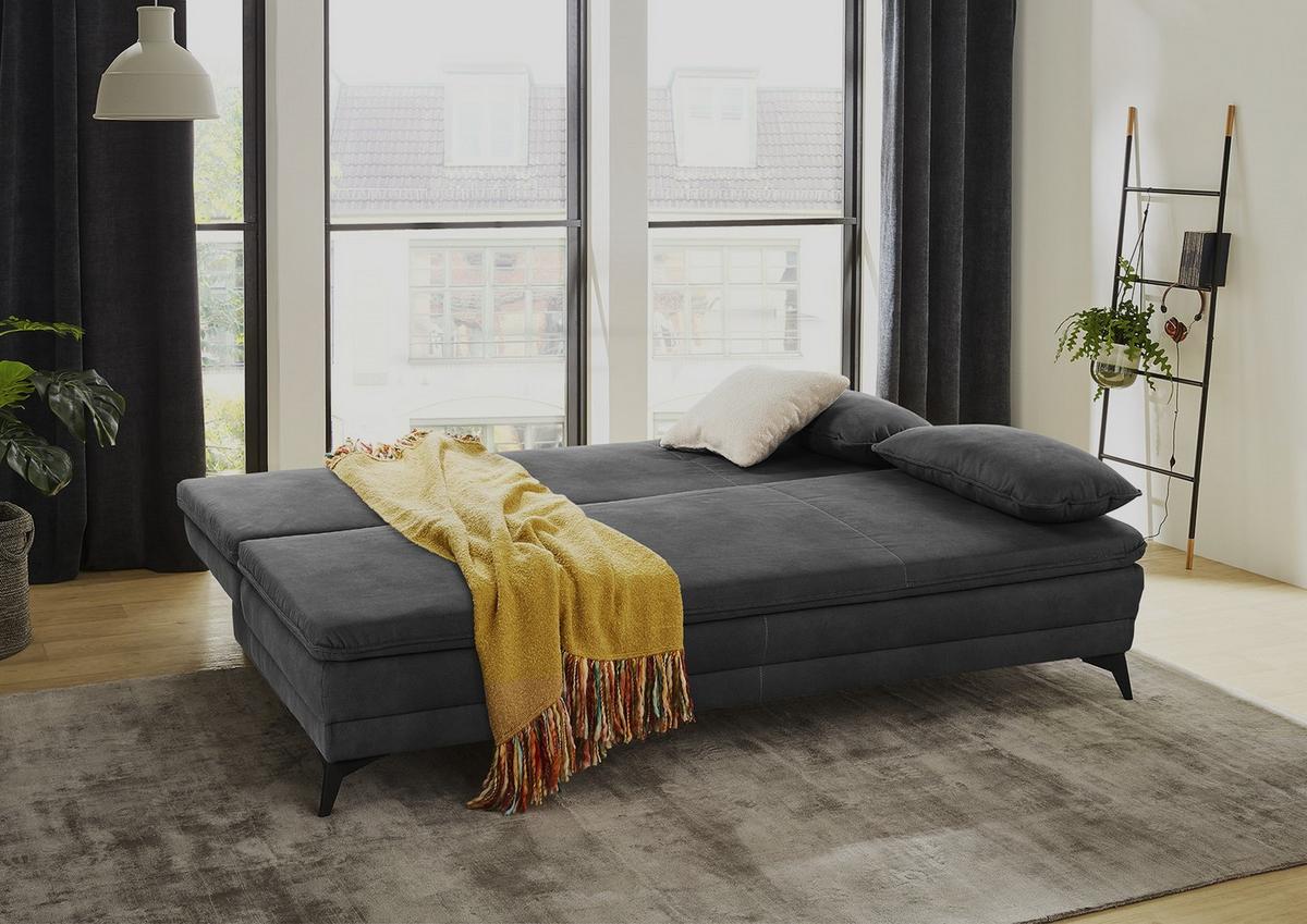 DAUER-SCHLAFSOFA Wellenunterfederung integr.Topper Bettkasten B202/T105/H90 cm, Liegefläche 158x199 cm, Mikrofaser Anthrazit / 15159 - Anthrazit/Schwarz, Textil/Metall (202/90/105cm) - luma-home