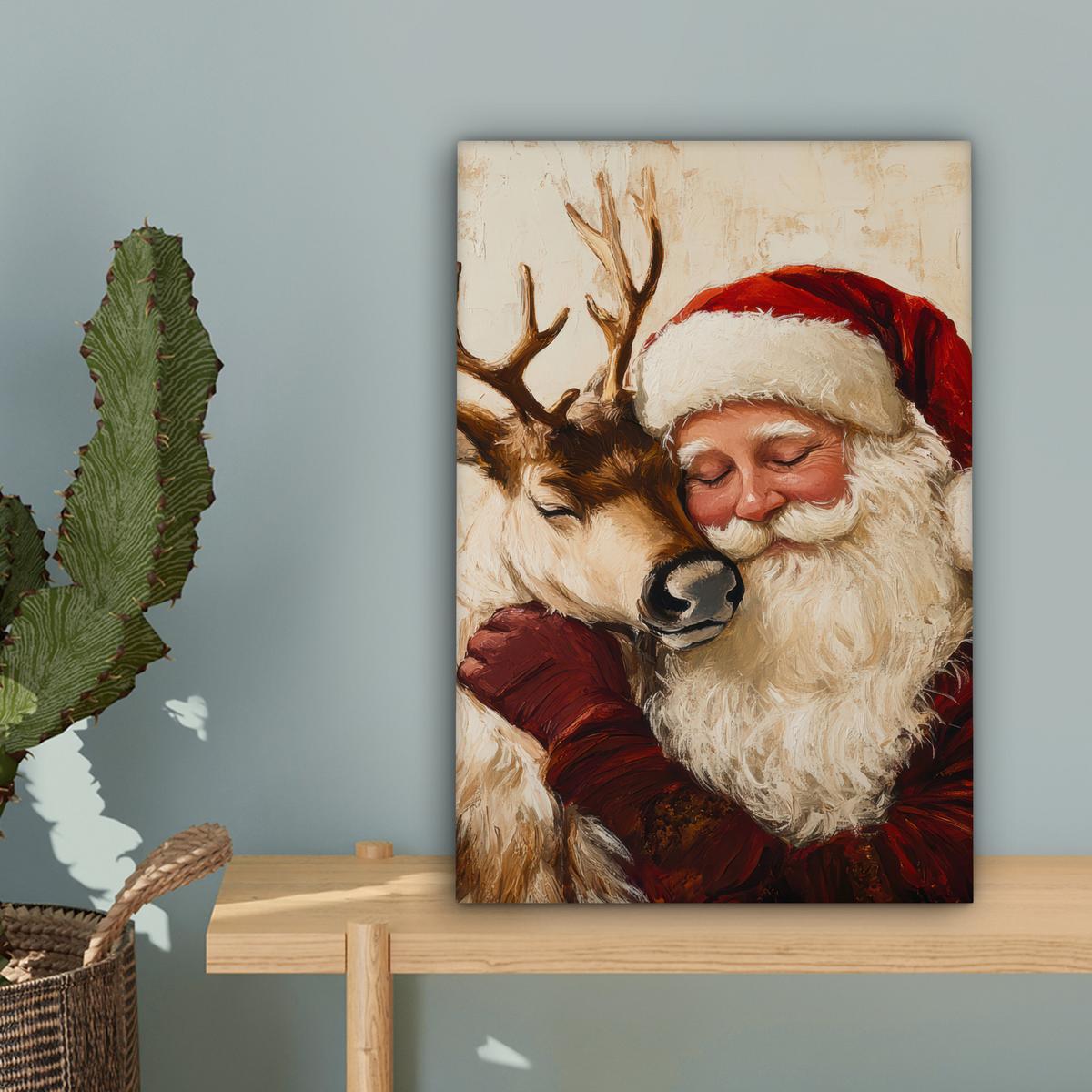 LEINWANDBILD Weihnachtsmann - Rentier - Weihnachten Deko Wohnzimmer 20x30 cm - Rotbraun, Textil (20/30cm) - MuchoWow