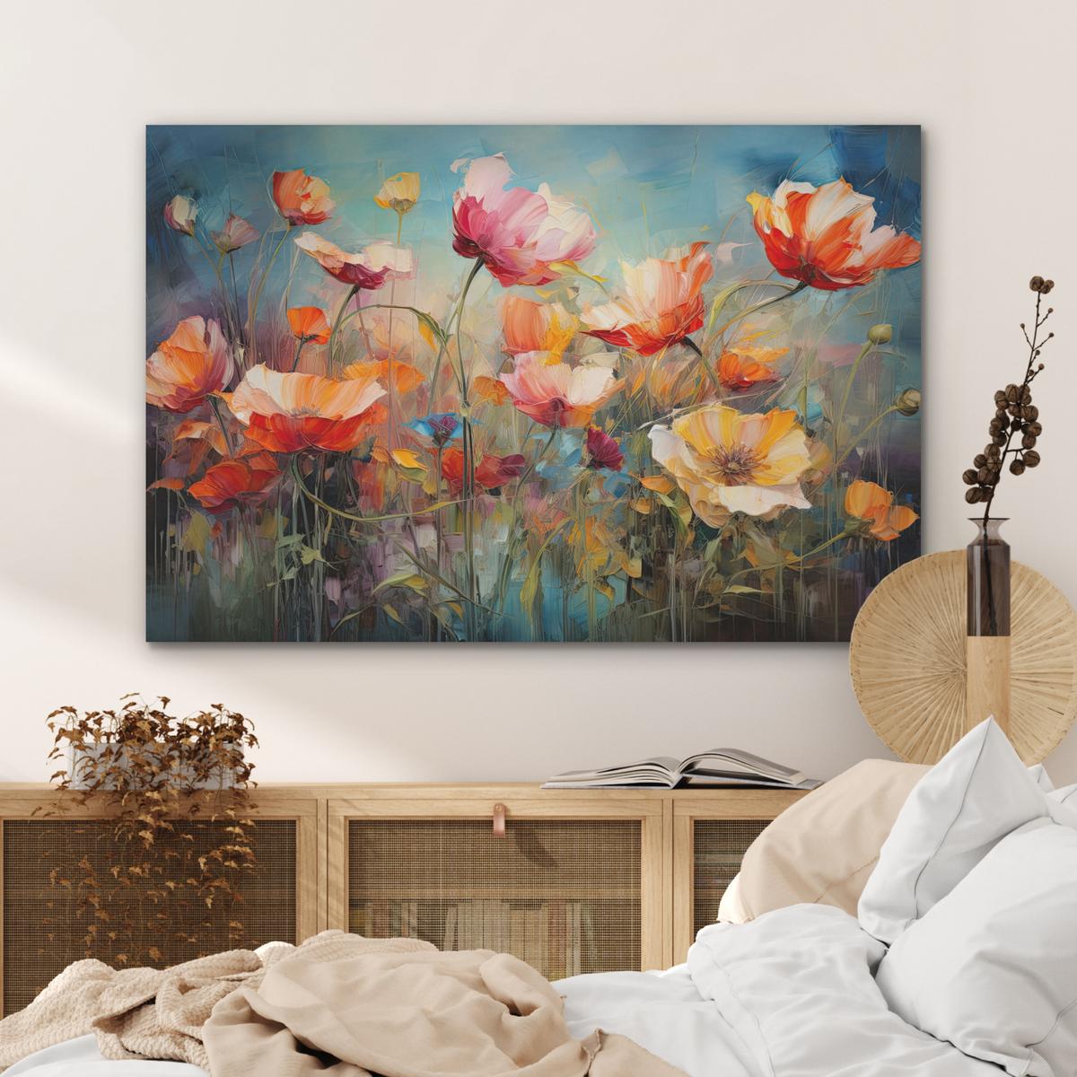 AKUSTIKBILD Blumen - Aquarell - Kunst - Botanisch - Natur Wandbild Wohnzimmer 100x70 cm - Orange, Kunststoff (100/70/0.9cm) - MuchoWow