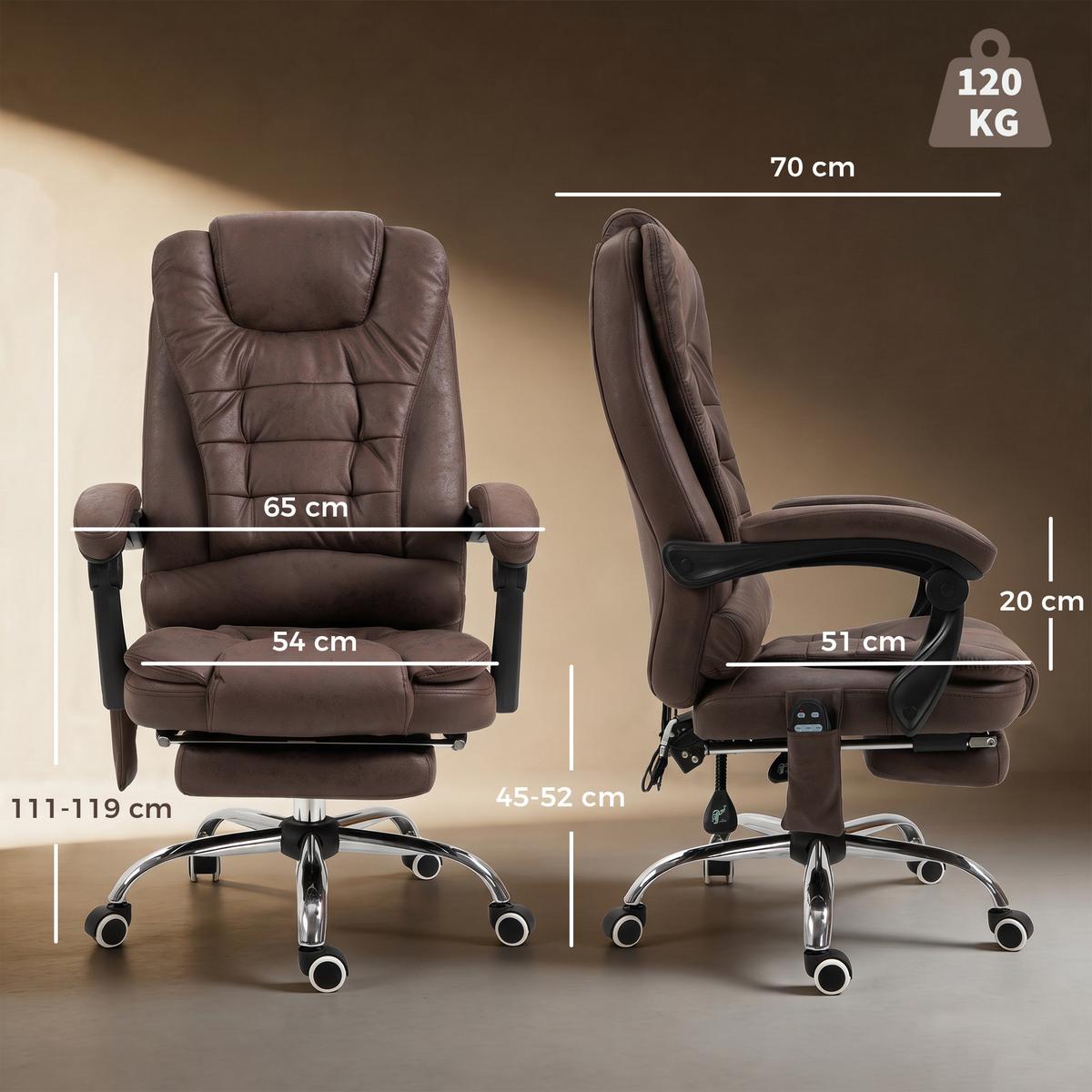 CHEFSESSEL mit Massagefunktion, Ergonomisch Schreibtischstuhl mit Liegefunktion - Silberfarben/Braun, Kunststoff/Textil (70/119/65cm) - Vinsetto