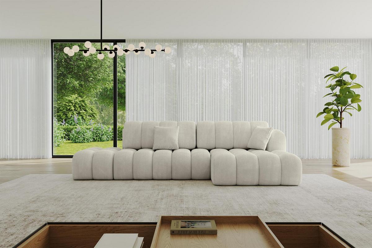 ECKSOFA mit Schlaffunktion Ottomane RECHTS OLEA-L2 321x164x75 Creme Cord - Ecru/Schwarz, Holzwerkstoff/Kunststoff (164/321cm) - ALTDECOR