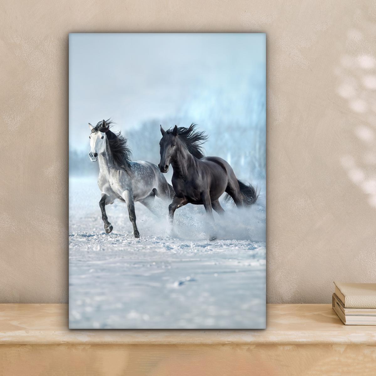 LEINWANDBILD Pferde - Winter - Tiere - Natur - Schnee Deko Wohnzimmer 20x30 cm - Anthrazit, Textil (20/30cm) - MuchoWow