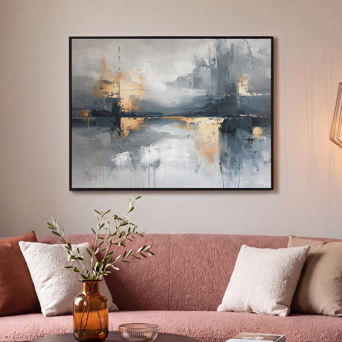 LEINWAND Bilder mit Rahmen - Kunst - Grau - Gold - Abstrakt - 100x70 - Dunkelgrau, Textil (100/70cm) - MuchoWow